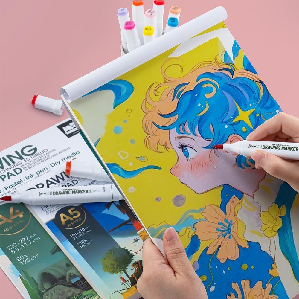 TRANSON Alcohol Markers for Drawing Coloring 24 Colors Dual-tip Fine and Chisel Tips
