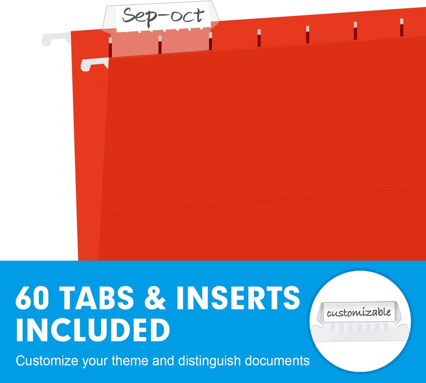 Hanging File Folders, RAZCC 60 Pack Reinforced Hanging Folders Letter Size, Designed for Bulky Files, Filing Cabinet, Adjustable Tabs, Assorted Colors