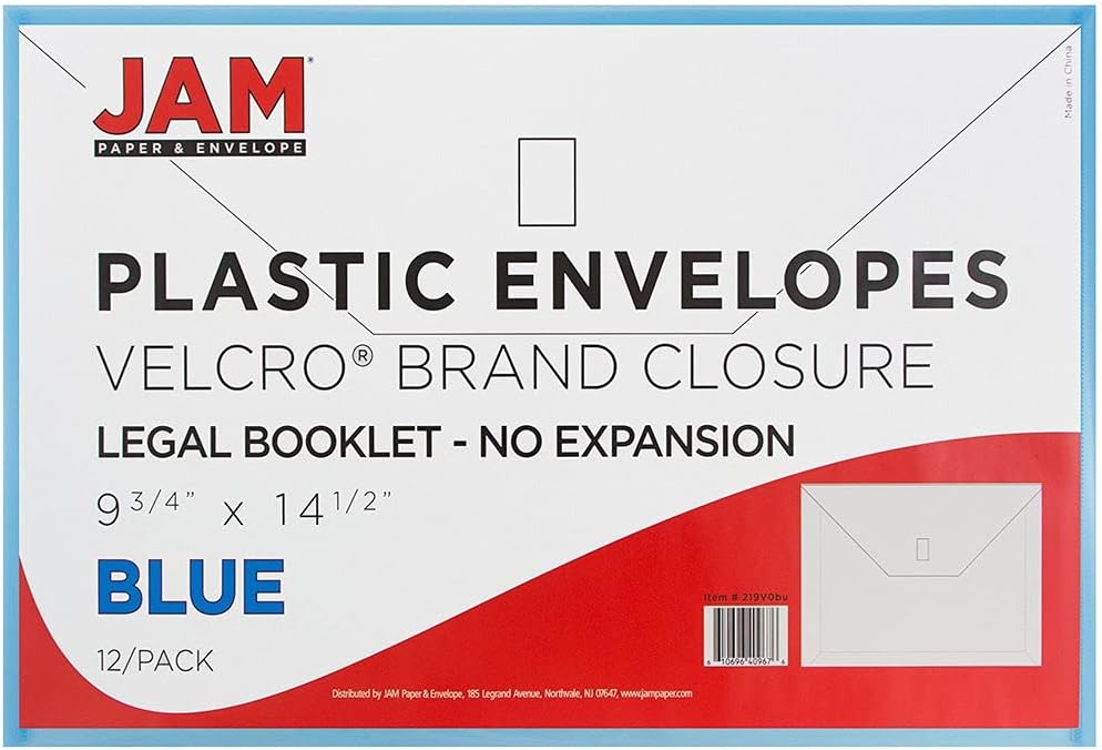 JAM PAPER Plastic Envelopes with Hook & Loop Closure - Legal Booklet - 9 3/4 x 14 1/2 - Blue - 12/Pack