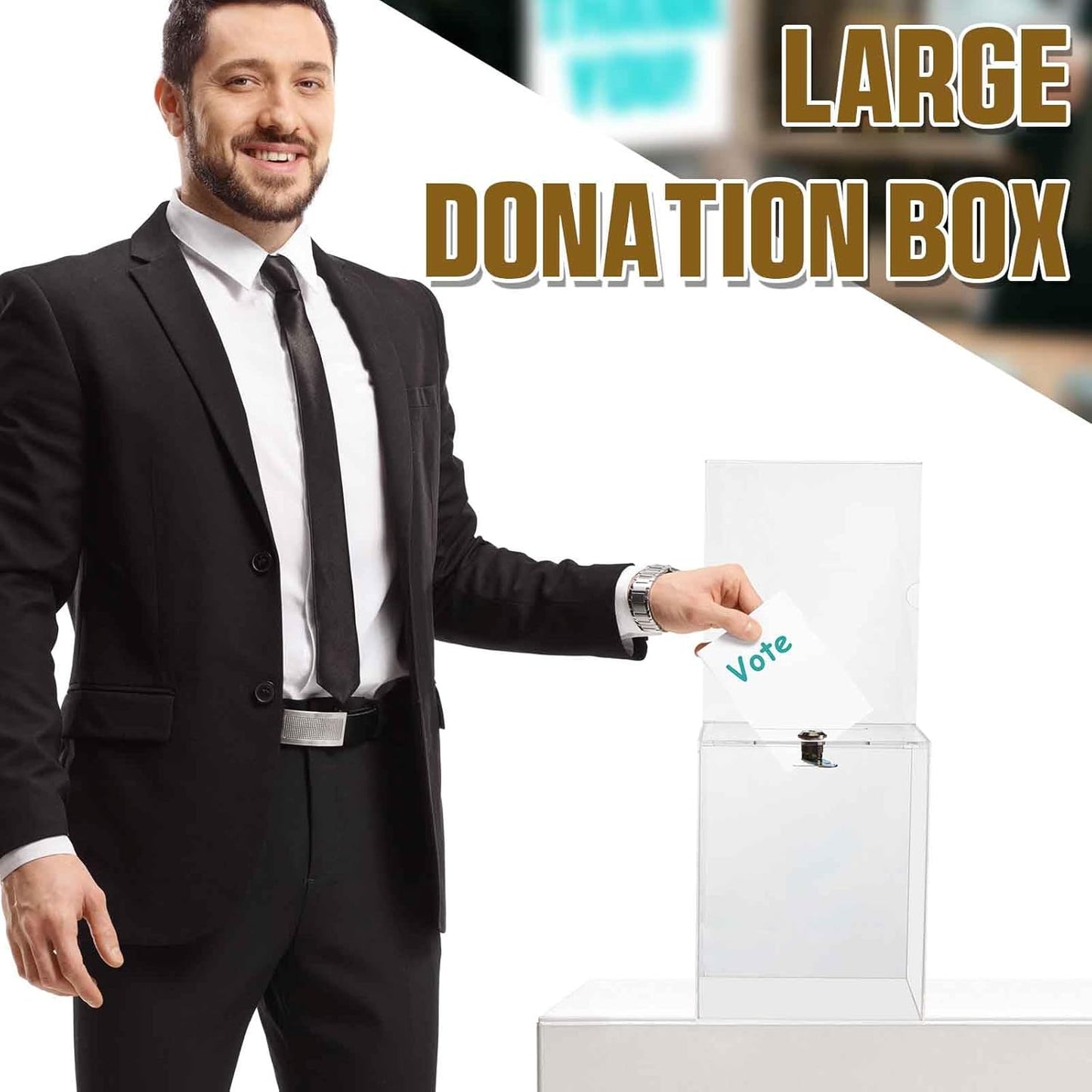 Sweetude 2 Pack Acrylic Donation Box with Lock Tall Tip Jars 8.2 x 6.7 x 5 In Suggestion Ballot Box with Sign Holder Large Locking Raffle Voting Container for Fundraising Ticket Collection(Clear)