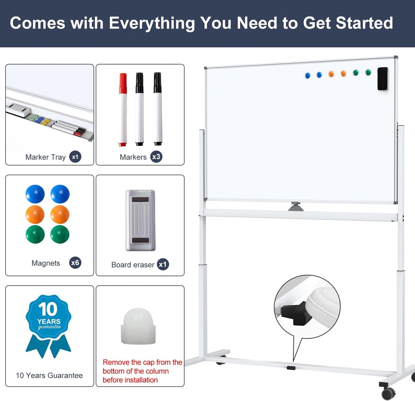 White Board on Wheels, 48 x 32 Inches Height-Adjustable Large Rolling Whiteboard, Mobile Magnetic Dry Erase Board with Stand, Double-Sided Standing Whiteboard for Office, Home, Classroom, School