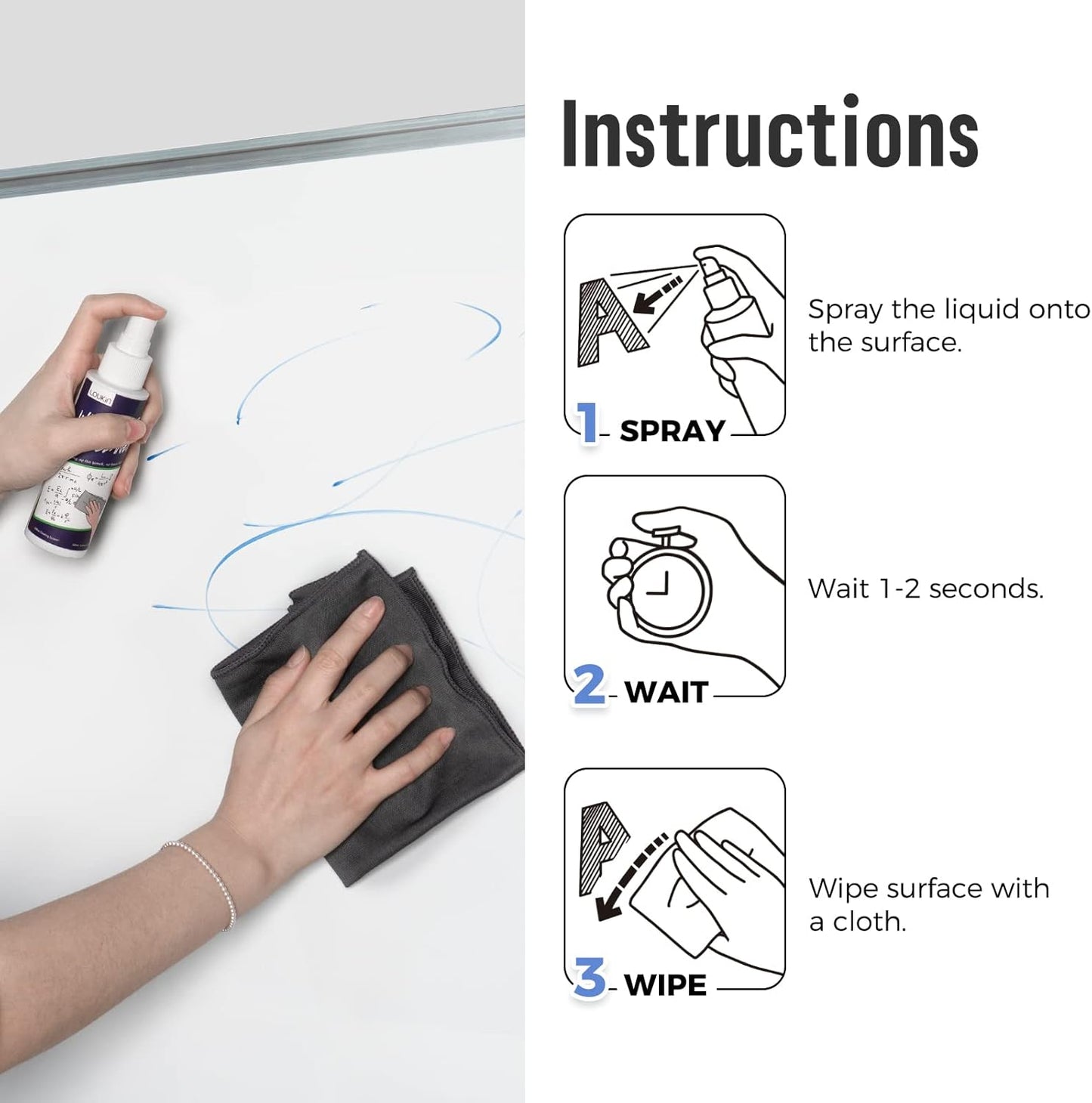 loukin Non-Toxic Whiteboard Cleaner, 8.5 fl oz Dry Erase Board Cleaner, Whiteboard Cleaning Spray with Cloths, Removes Stubborn Marks from Whiteboards (2-Pack)