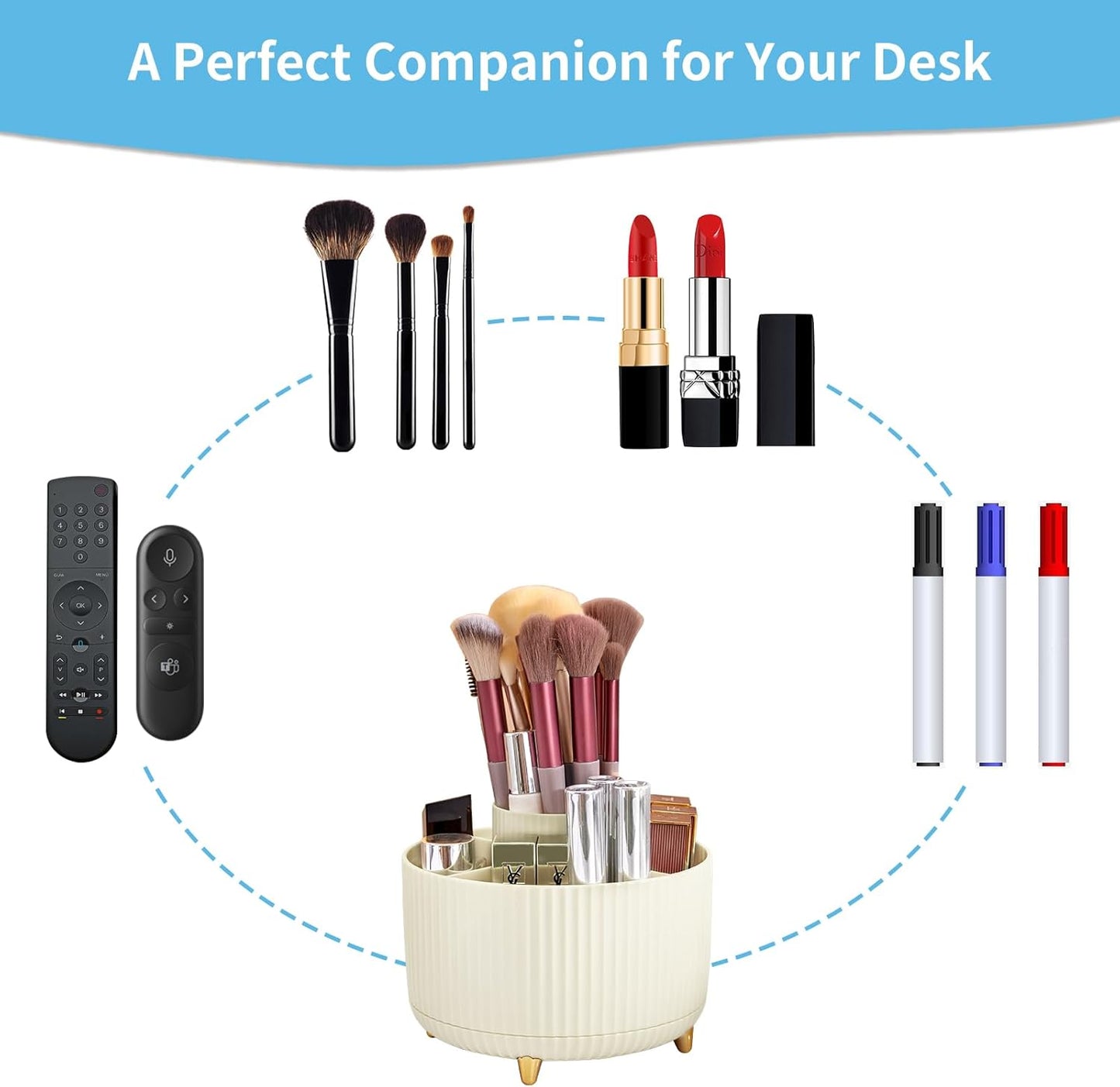 Marbrasse Desk Organizer, 360-Degree Rotating Pen Holder, 5-Compartment Pencil Organizer, Art Supply Storage Box Caddy for Office and Home (Ivory)