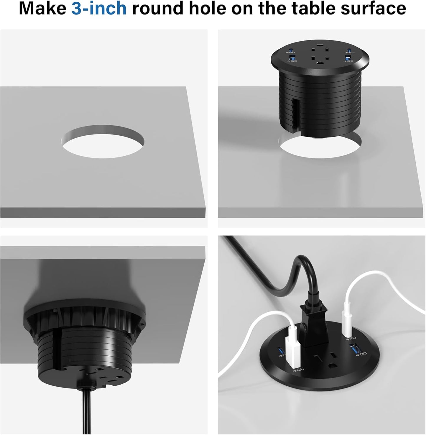 Jgstkcity Power Strip,Flush Mount Recessed Power Grommet,65W USB C Fast Charging,3-Inch Hole, 4 Outlets & 4 Ports, Ideal for Desktop & Countertop Outlet,Dual-Sided (Black, 10FT)