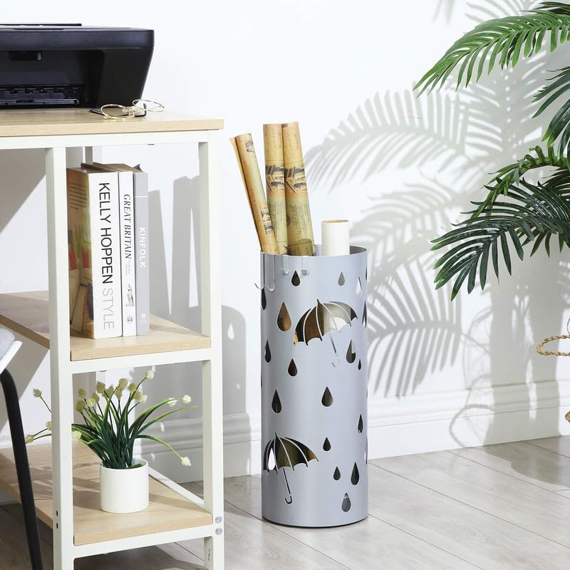 SONGMICS Umbrella Stand, Metal Umbrella Holder for Entryway, with Water Tray and 4 Hooks, 7.7 x 7.7 x 19.3 Inches, Round, Silver Grey ULUC23S