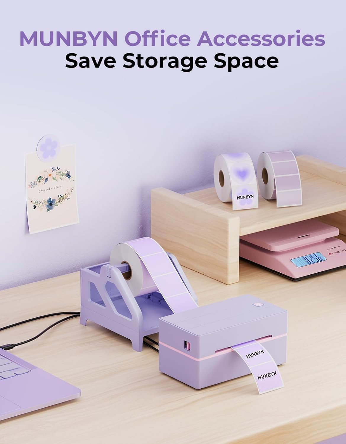 MUNBYN Label Holder for Rolls and Fan-Fold Labels, Thermal Sticker Roll Holder for Desktop Thermal Printer Shipping Supplies Industrial Paper, Purple