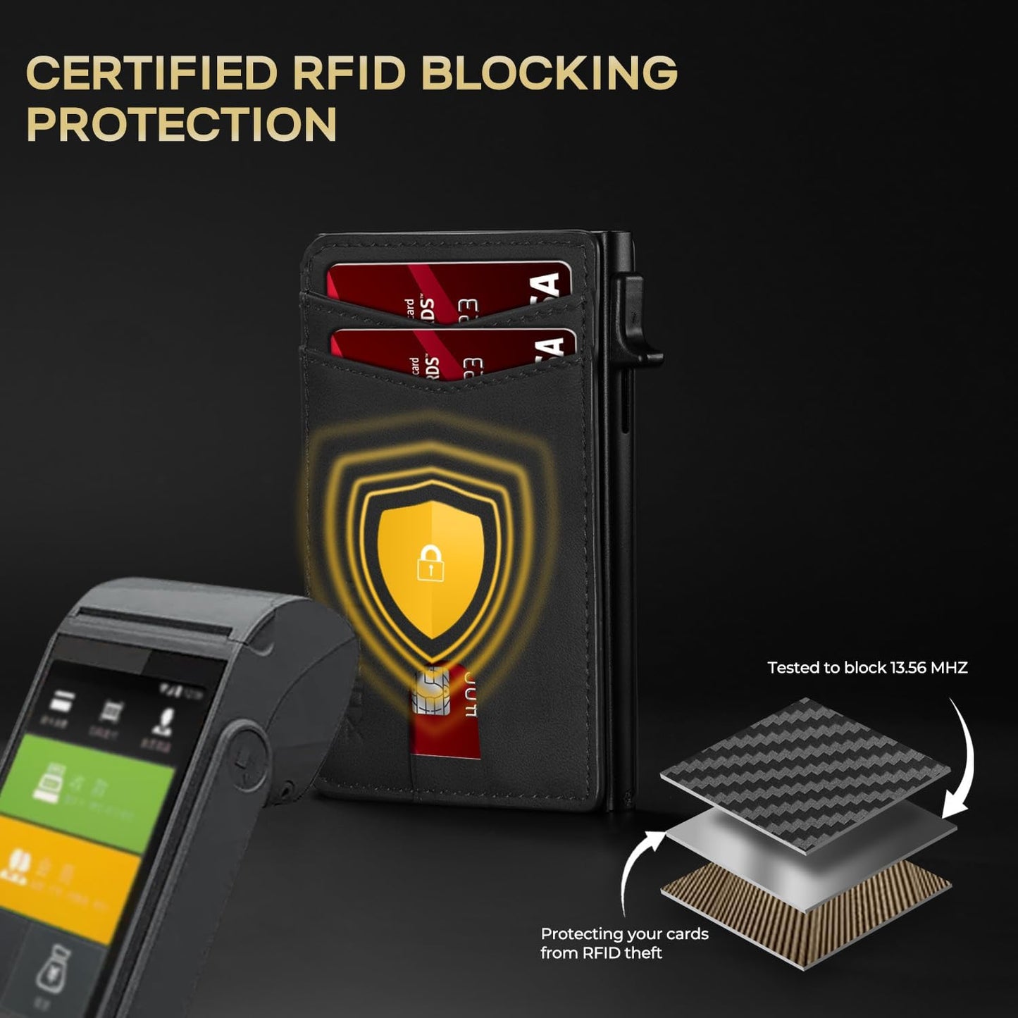 Slim Card Wallet for Men with ID Window – Minimalist RFID Wallet, Pop-Up Function, Ultra Thin Design, Metal Business Card Case Holds 8+ Cards, Gifts for Men, Men's Accessories