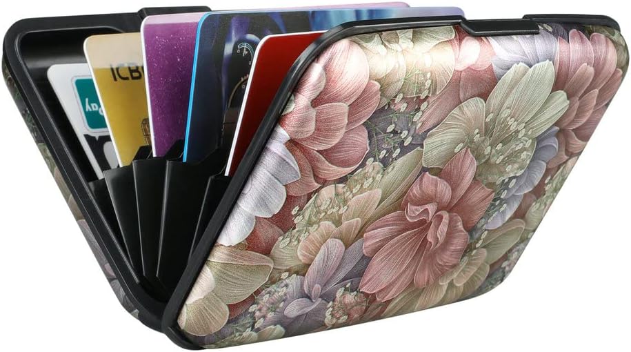 ELFISH Mini RFID Aluminum Wallet Credit Cards Holder Business Card Case Metal ID Case for Men Women(Happy Flower