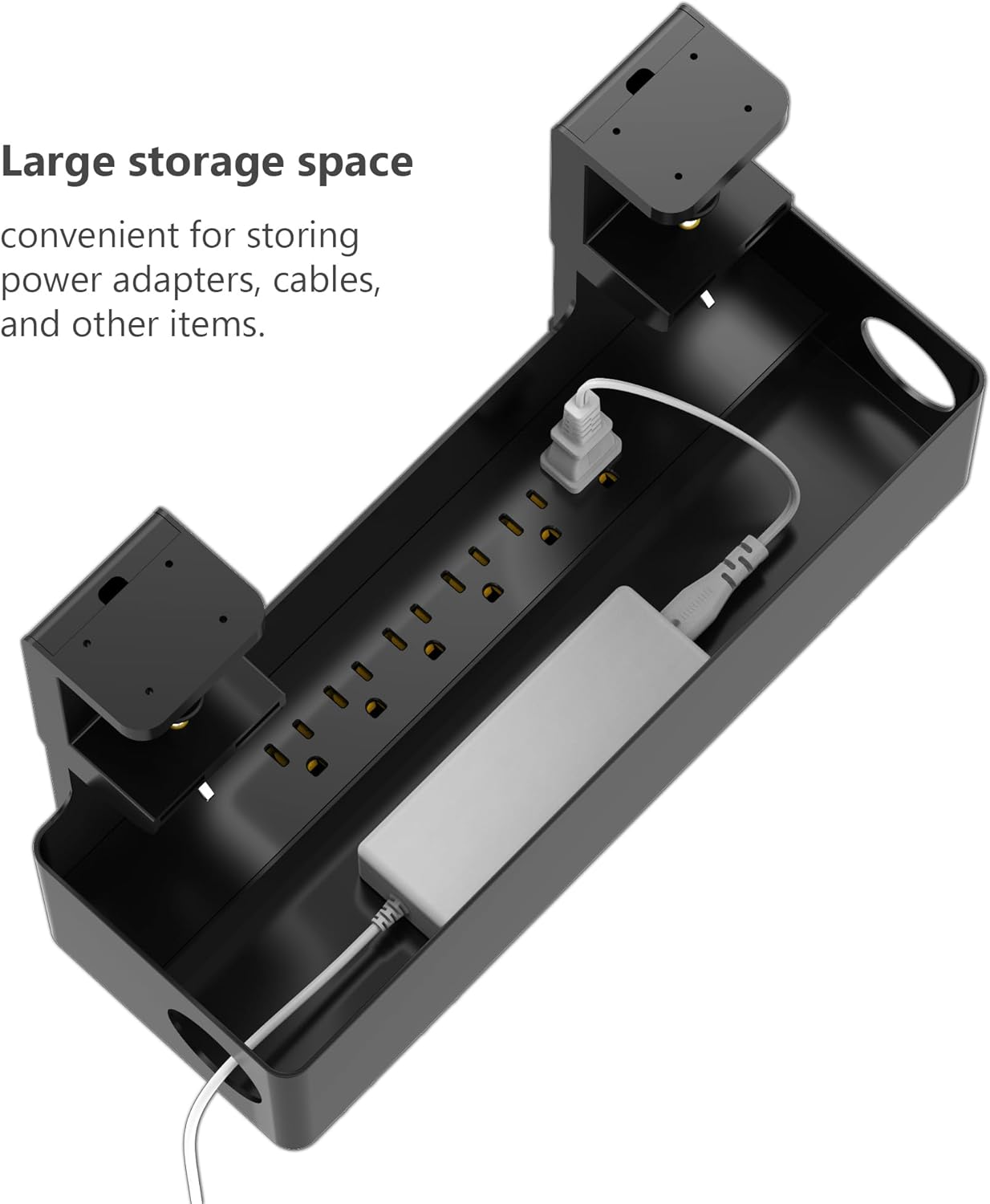 Under Desk Cable Management Tray with 6 AC Power Outlet and Clamp Mount, No Drill Cord Storage Organizers for Wire Management, Standing Desk , Computer Desk Accessories for Office & Home(Black)