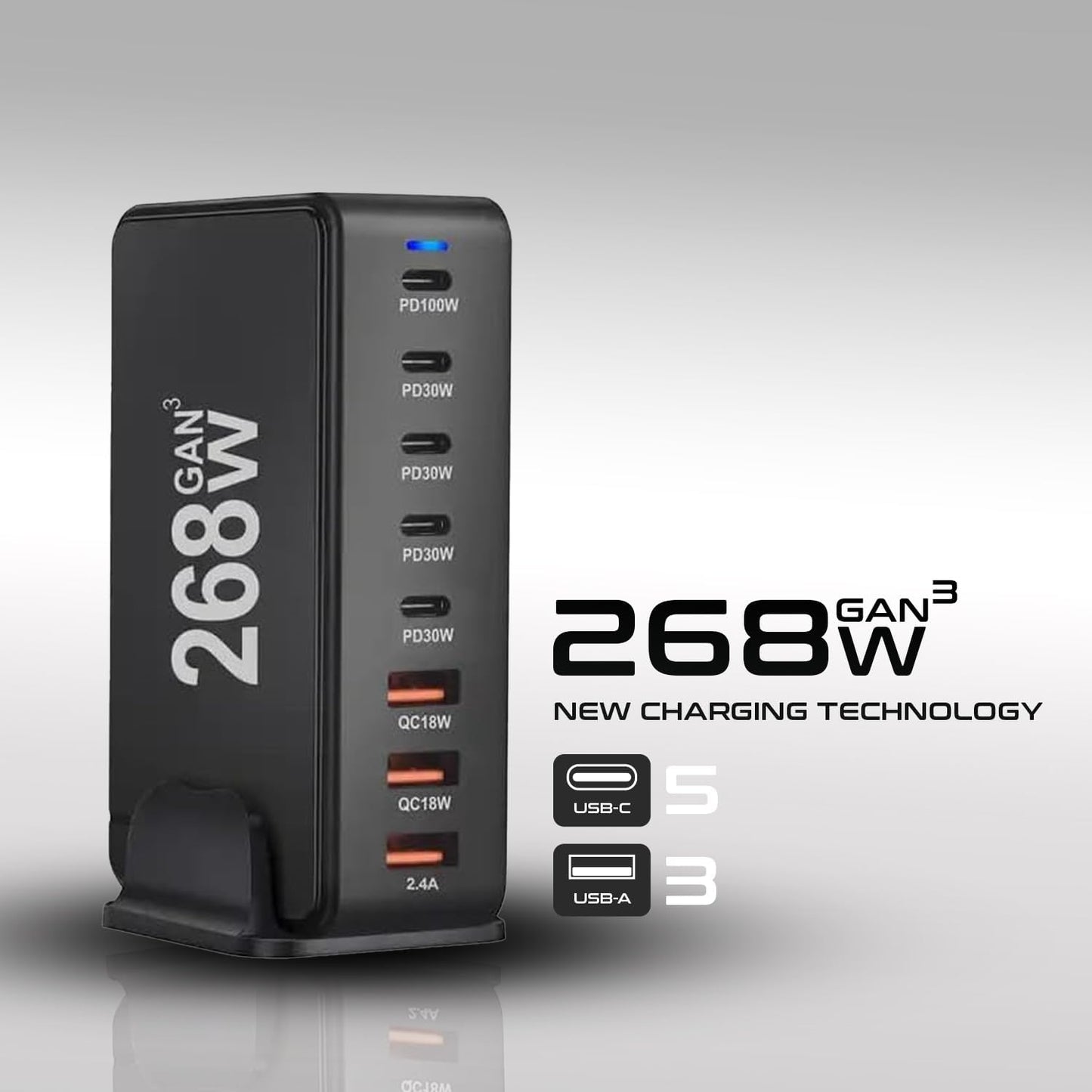 268W GaN USB Type C Charger 8 Ports Fast Charging Station PD QC4.0, USB C Laptop Charger Compatible with MacBook Pro/Air, iPads, Samsung Galaxy Note, iPhone 16/15/14/13/12 Mini/Pro/Pro Max