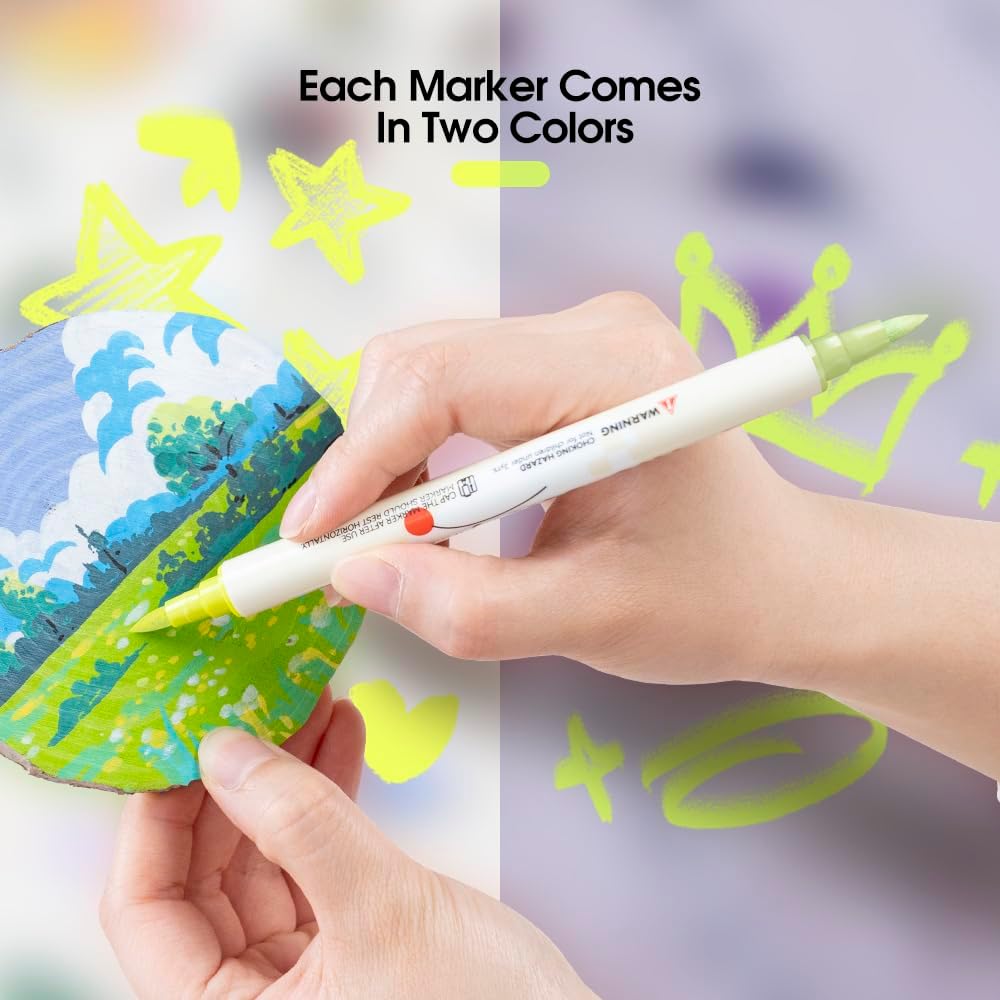 TRANSON 48 Colors Acrylic Paint Marker Set, 24 Pieces of Dual-color Acrylic Paint Pens with Brush Tips Versatile for Craft Painting, Drawing, Rock Painting, DIY, Paint on Most Surfaces