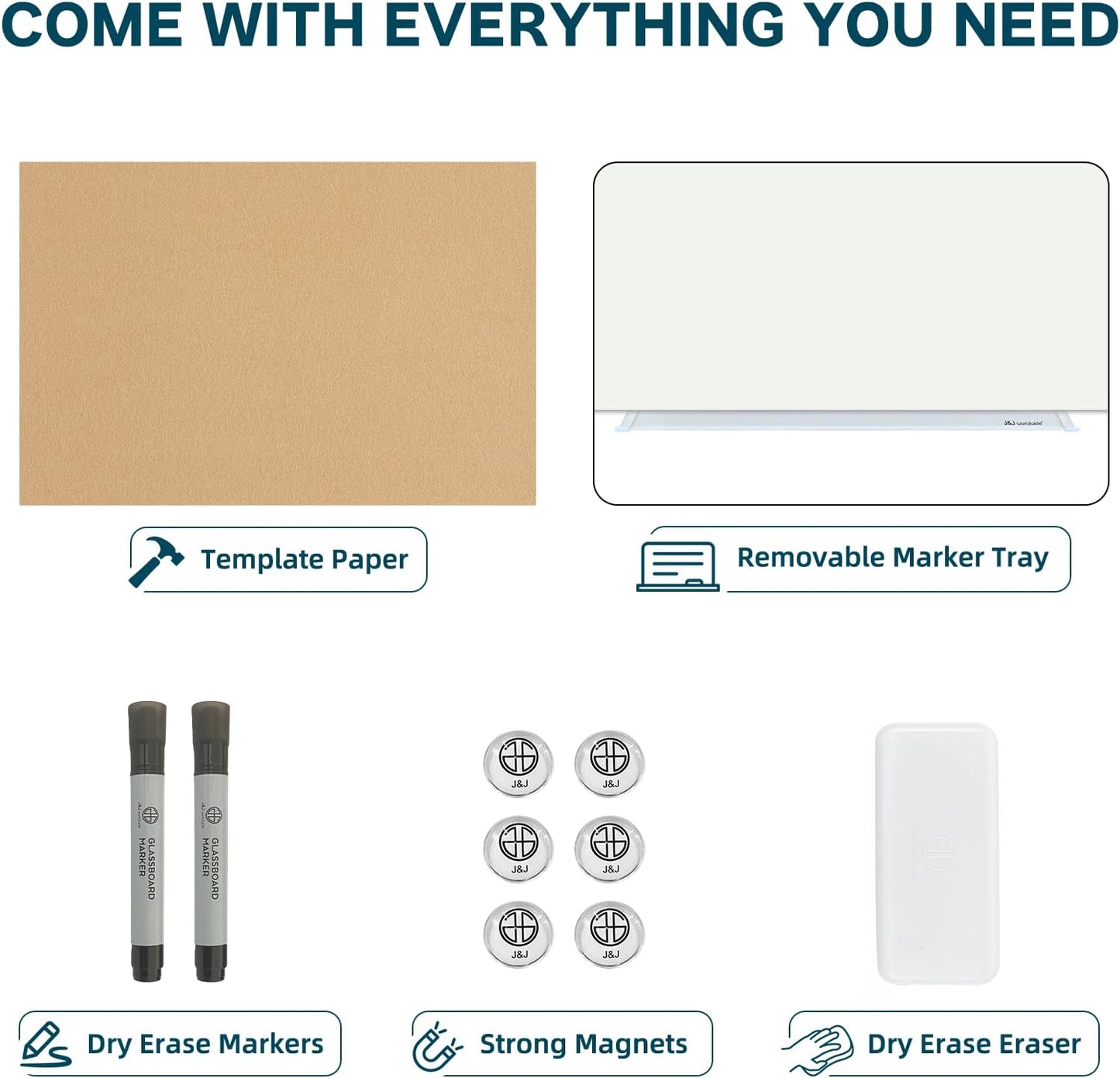 J&J worldwide Glass Dry Erase Board 6' x 4', Glass Whiteboard Magnetic, Large Frameless Glass White Boards for Walls, Includes Magnets, Marker Tray, Eraser for Office, Home, School