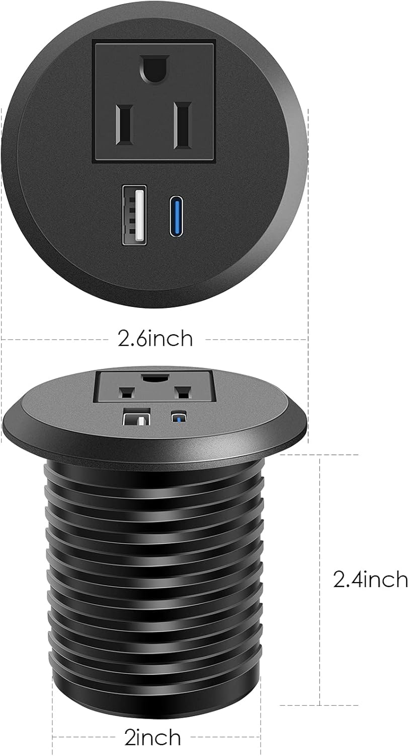 Desktop Power Grommet, 2 inch, USB C PD 20W Fast Charging Station, Desk Hole Recessed Power Outlet,ETL Listed (1, 6 FT Cable)