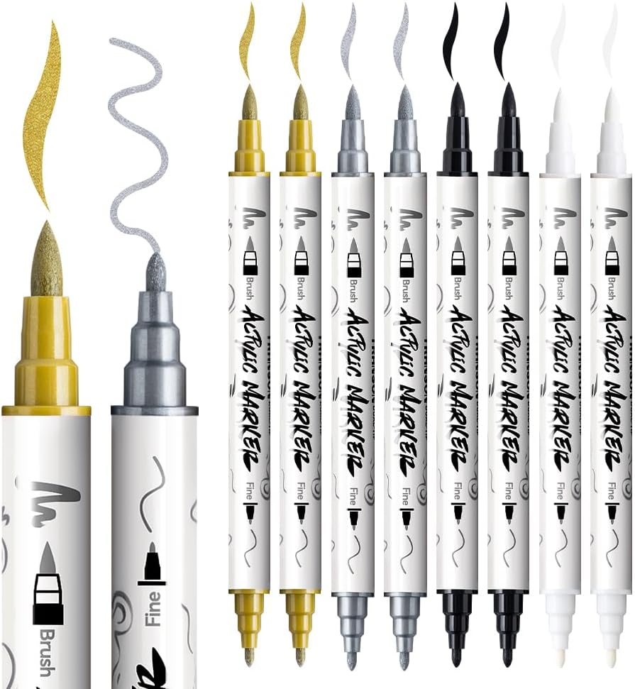 TRANSON 2 Gold, 2 Silver, 2 Black and 2 White Paint Markers Brush and Fine Dual-tip Acrylic Paint Marker Set for Rock Painting Glass Canvas Wood Leather Ceramic Painting