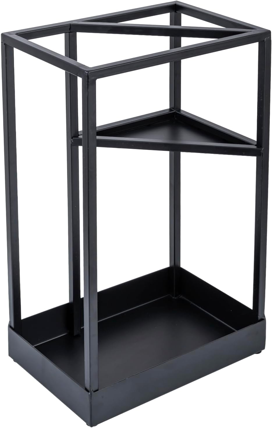 MyGift 20 Inch Tall Modern Brass Tone Metal Geometric Freestanding Entryway Umbrella Rack or Cane Holder with Shelf for Small Umbrellas and Bottom Drip Tray (Black-Large)