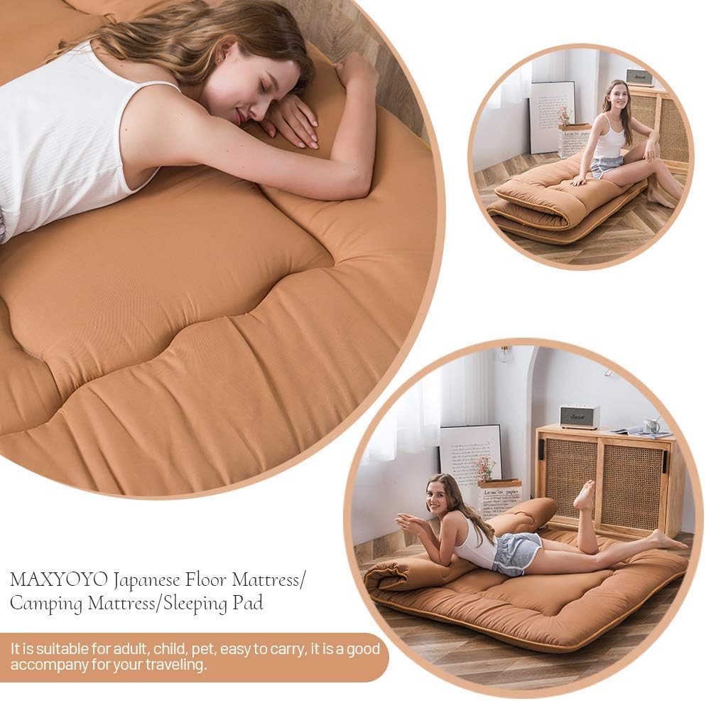 MAXYOYO Japanese Floor Mattress Futon Mattress, Thicken Tatami Mat Sleeping Pad Foldable Roll Up Mattress Boys Girls Dormitory Mattress Pad Kids Floor Lounger Bed, Light Brown, Queen Size