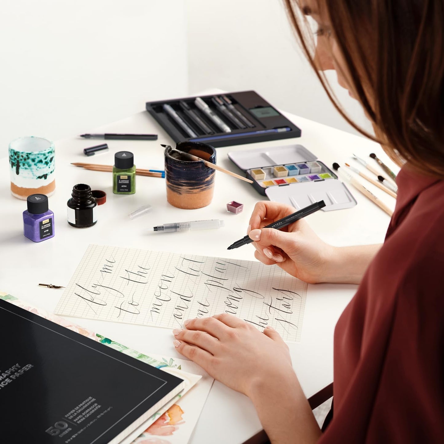 ARTEZA Calligraphy Paper Pad, 2-Pack – 9x12 Inch Pads with 50 Sheets, 130 GSM – Lined Calligraphy Practice Paper for Hand Lettering & Brush Work