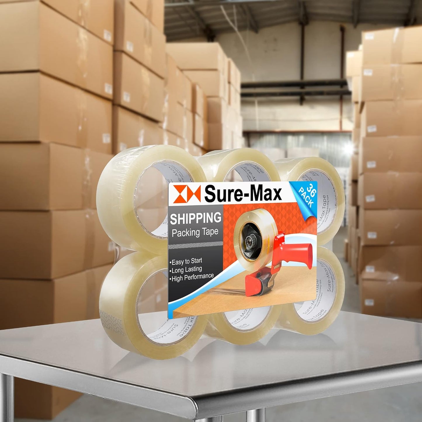 Sure-Max Premium Carton Packing Tape 1.8 mil 330 Feet (110 Yards) - Clear - 1 Case (36 Rolls Total)