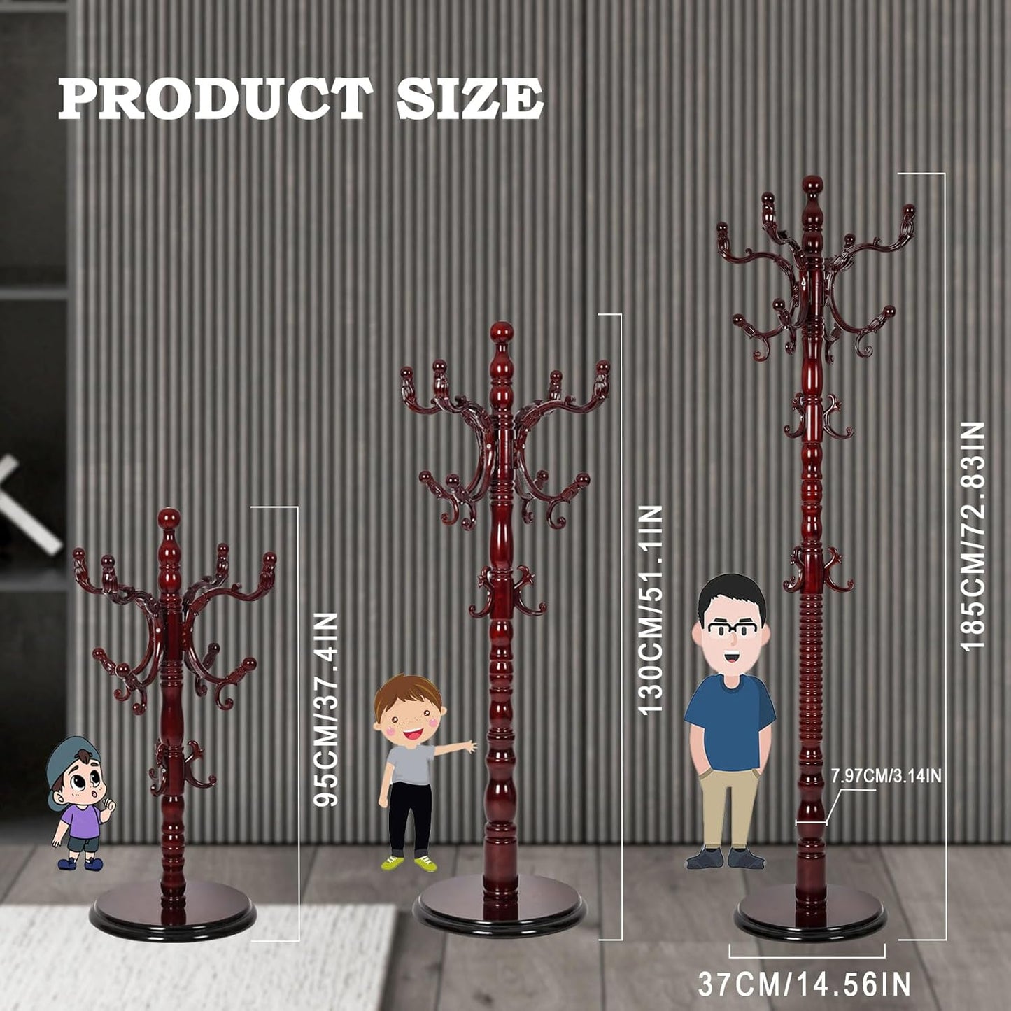 Coat Racks Free Standing with 14 Hooks, Natural Wood Coat Rack with Solid Round Base, Adjustable Height Coat Racks, Easy Assembly for Hallway, Bedroom and Office (Reddish brown)