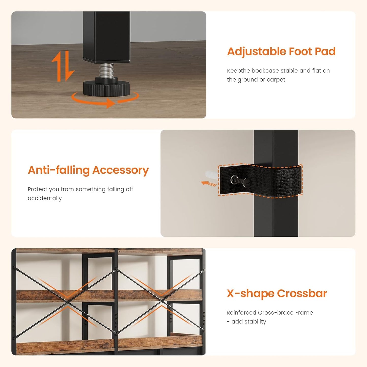 Bookshelf with 8 Fabric Drawers, 7-Tier Bookcase with Baffles Display Shelves, Industrial Large Book Shelf for Living Room Home Office, Rustic Brown