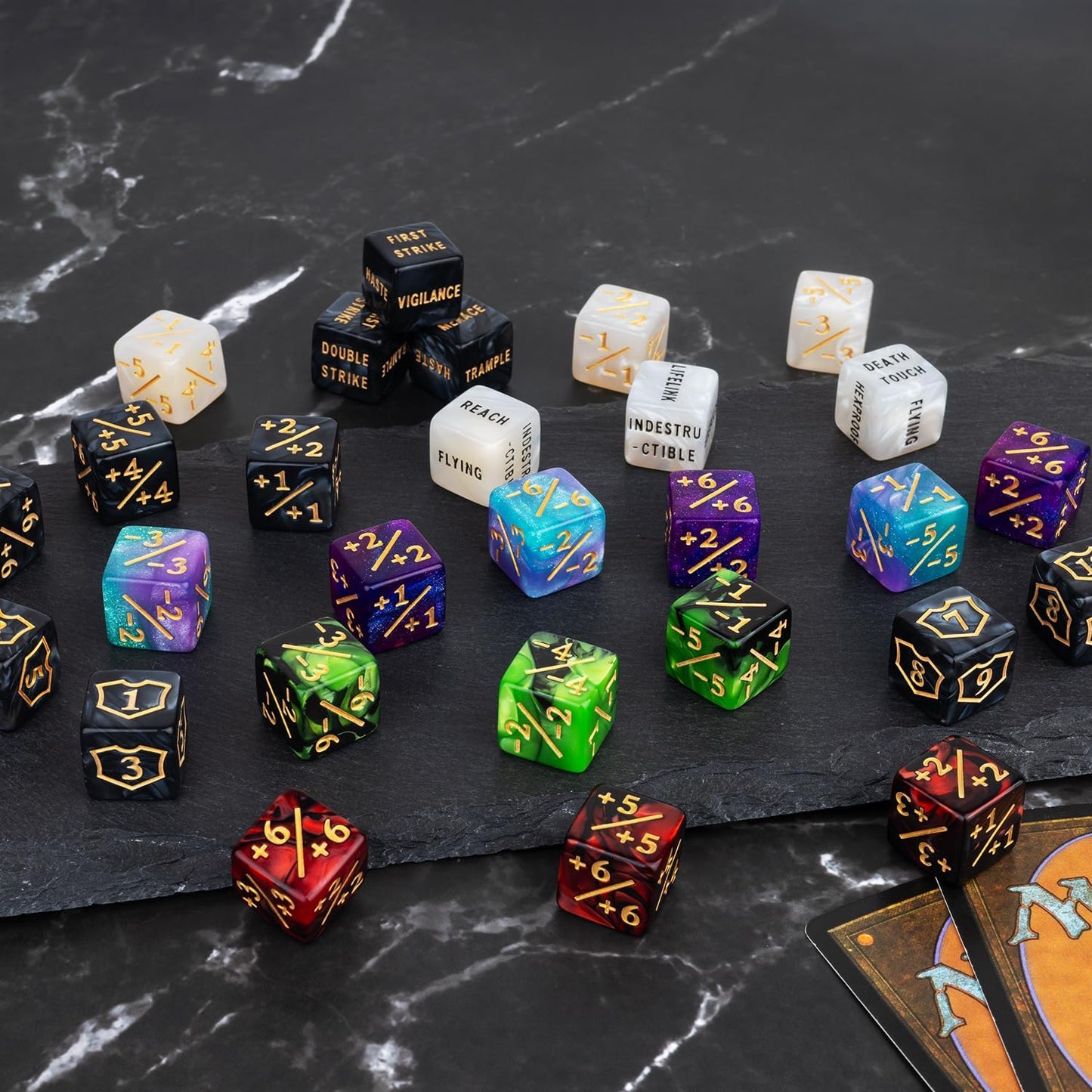 60 PCS MTG Dice Counters Bulk Ability Keywords Counter 1/+1 Shield Life Buff Tokens 6 Sided Dice Set for MTG, TCG, Cards Gaming Accessories