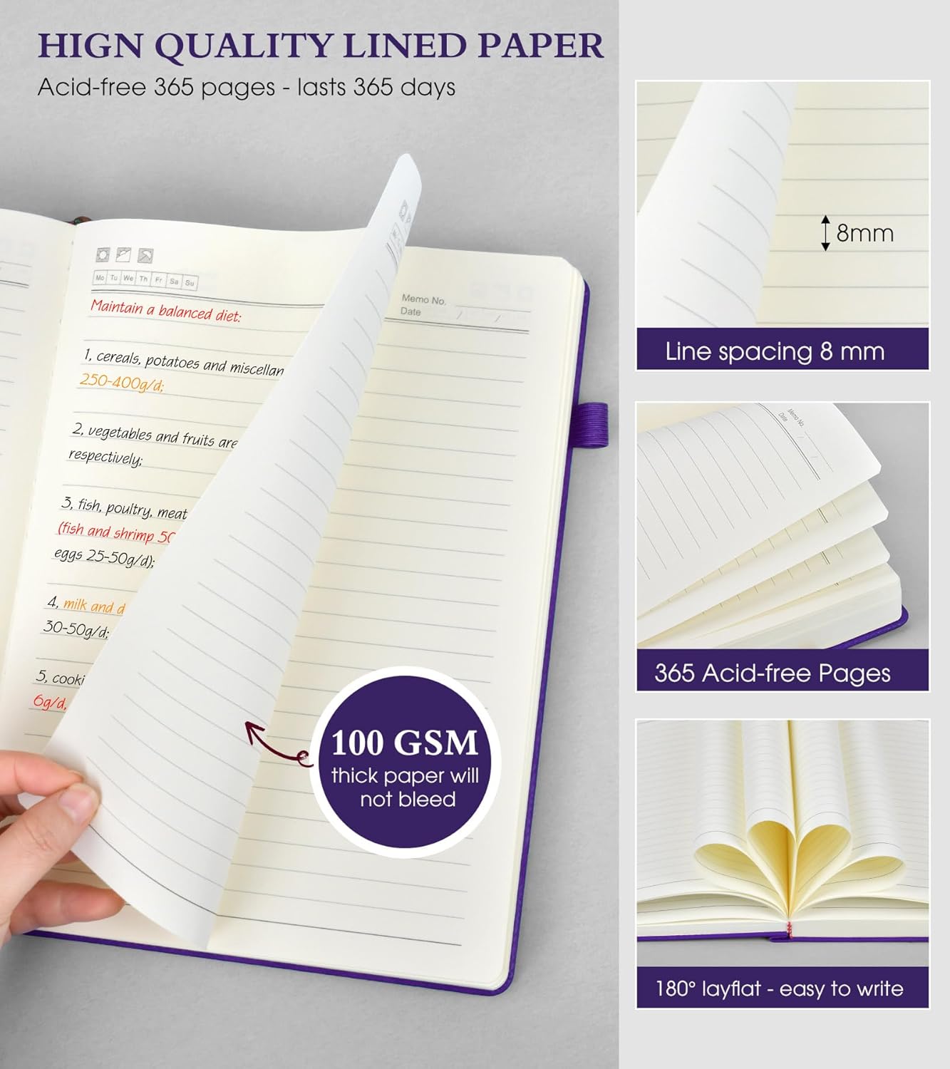 A5 Lined Journal Notebook - 365 Page Leather Journals for Writing Women & Men,Hardcover Notebook with 100Gsm Thick Pages,Daily Diary for Travel, Work,School,Note Taking,College Ruled (5.9" x 8.5")