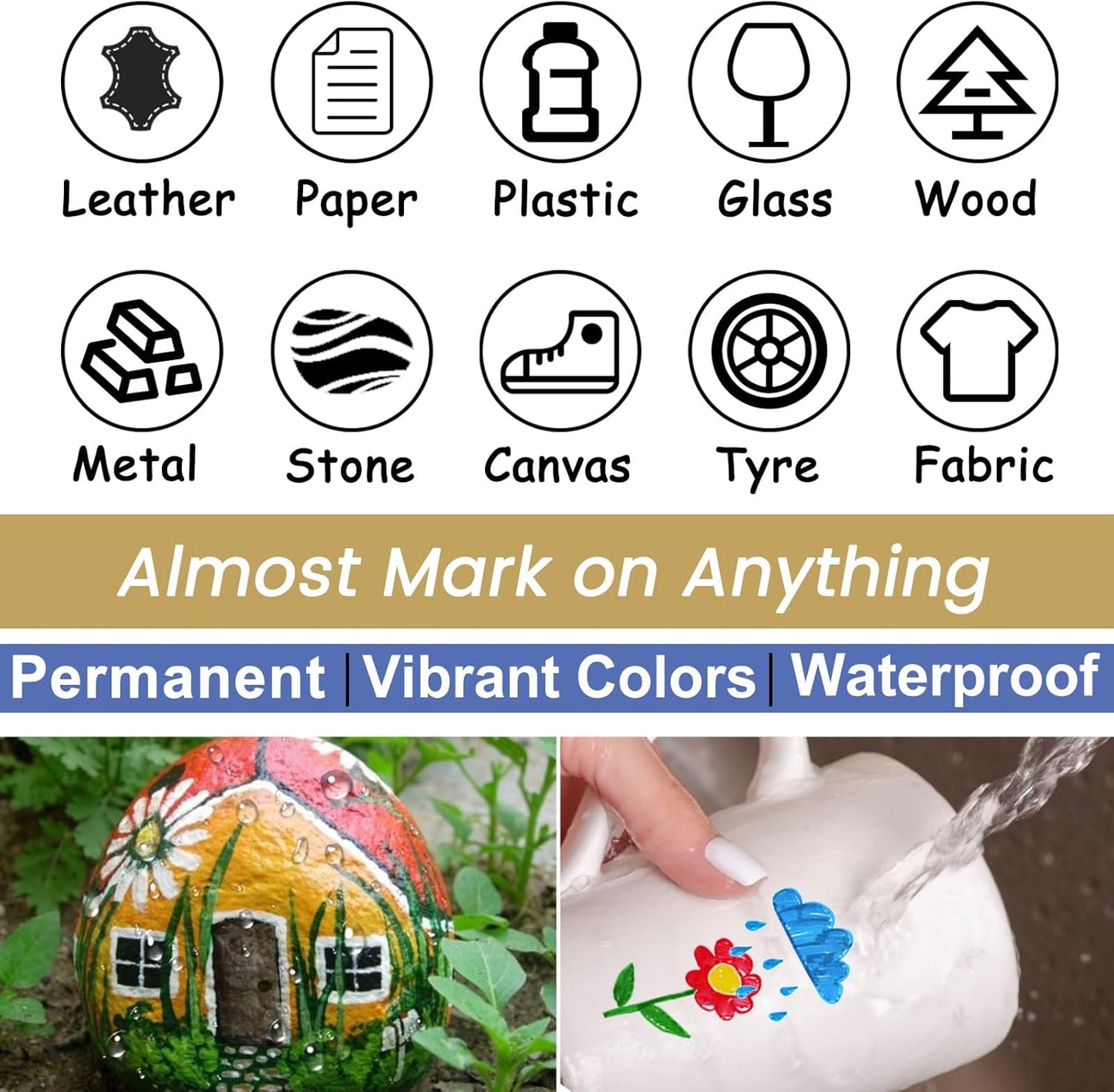 Overseas Green Paint Pens Paint Markers - Permanent Acrylic Markers 12 Pack, Water-Based, Quick Dry, Waterproof Marker Pen for Rock, Wood, Plastic, Metal, Canvas, Glass, Fabric, Mugs. Medium Tip