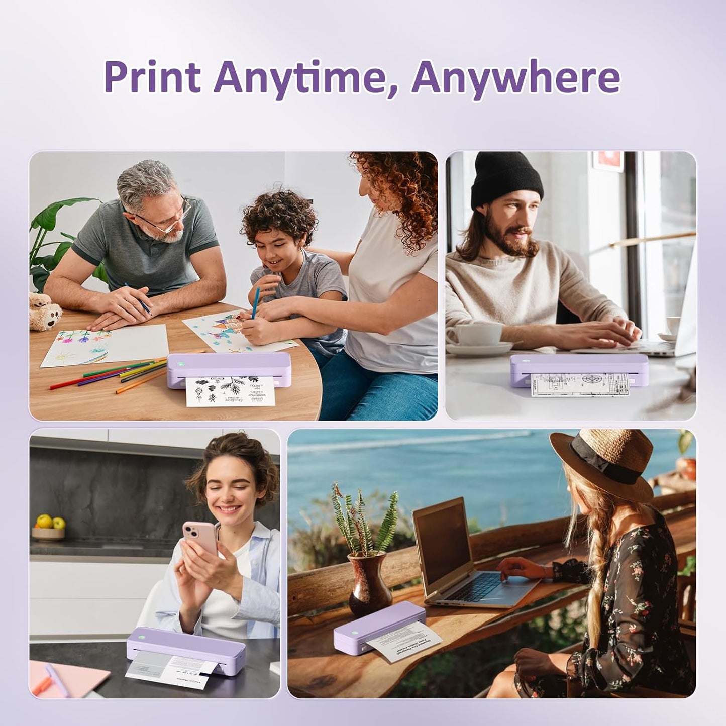 Inkless Portable Printer for Travel, Wireless Thermal Printer Supports 8.5 x 11 Inch US Letter Size, Bluetooth Machine Includes Carry Case and 3 Rolls of Thermal Paper Kit, Purple