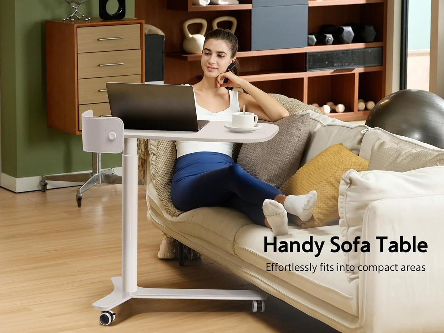 Rolling Desk Adjustable Height with Drawer and Wheels, Portable Small Standing Desk Pneumatic for Home Office, Mobile Computer Laptop Cart, Medical Sofa Overbed Table, White