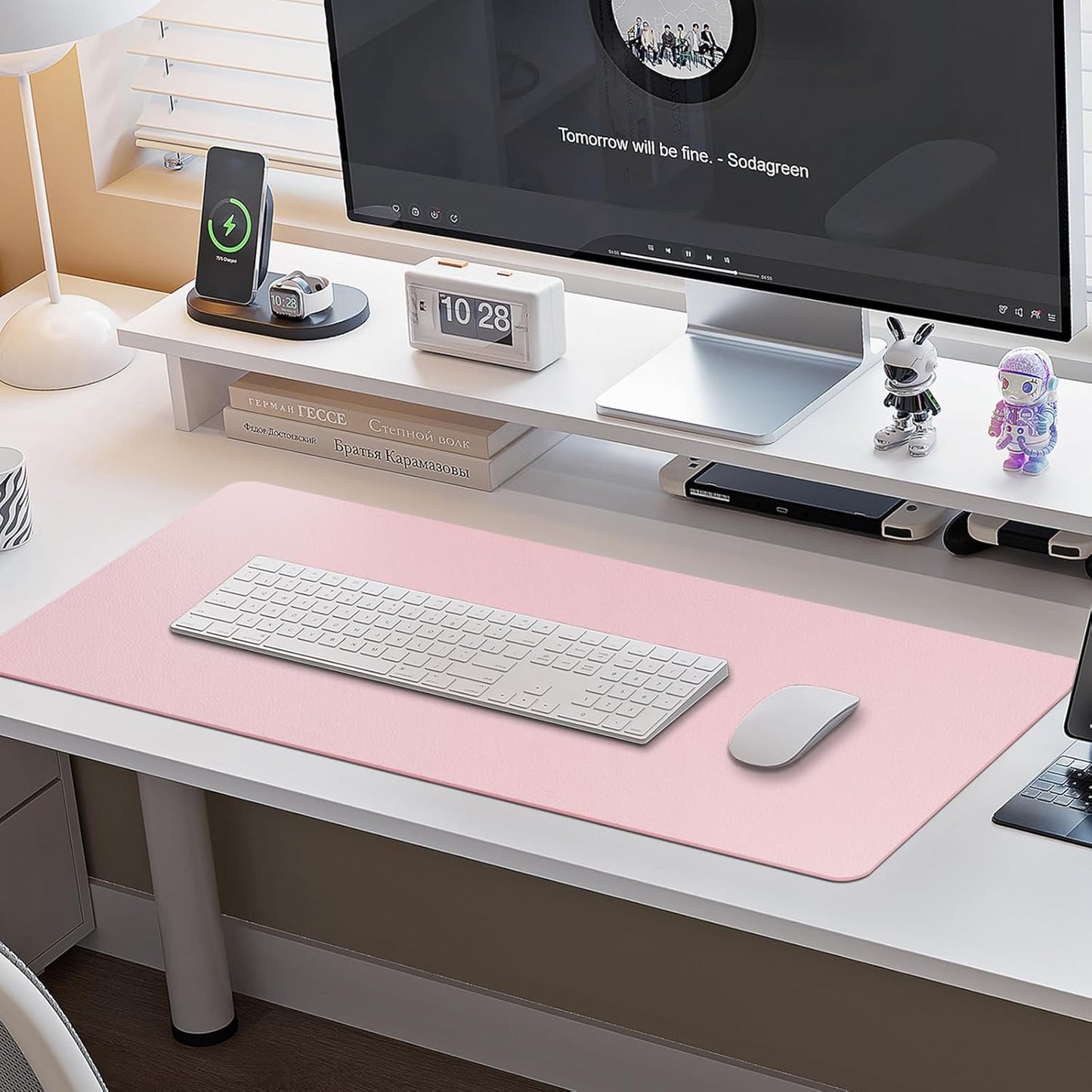 Boutilon Leather Desk Pad Protector,Non-Slip Mouse Pad,Laptop Desk Pad,Office Mouse Mat,Waterproof Leather Desk Blotter,Desk Writing Pad for Office and Home (S-Light Pink,24"x 14")