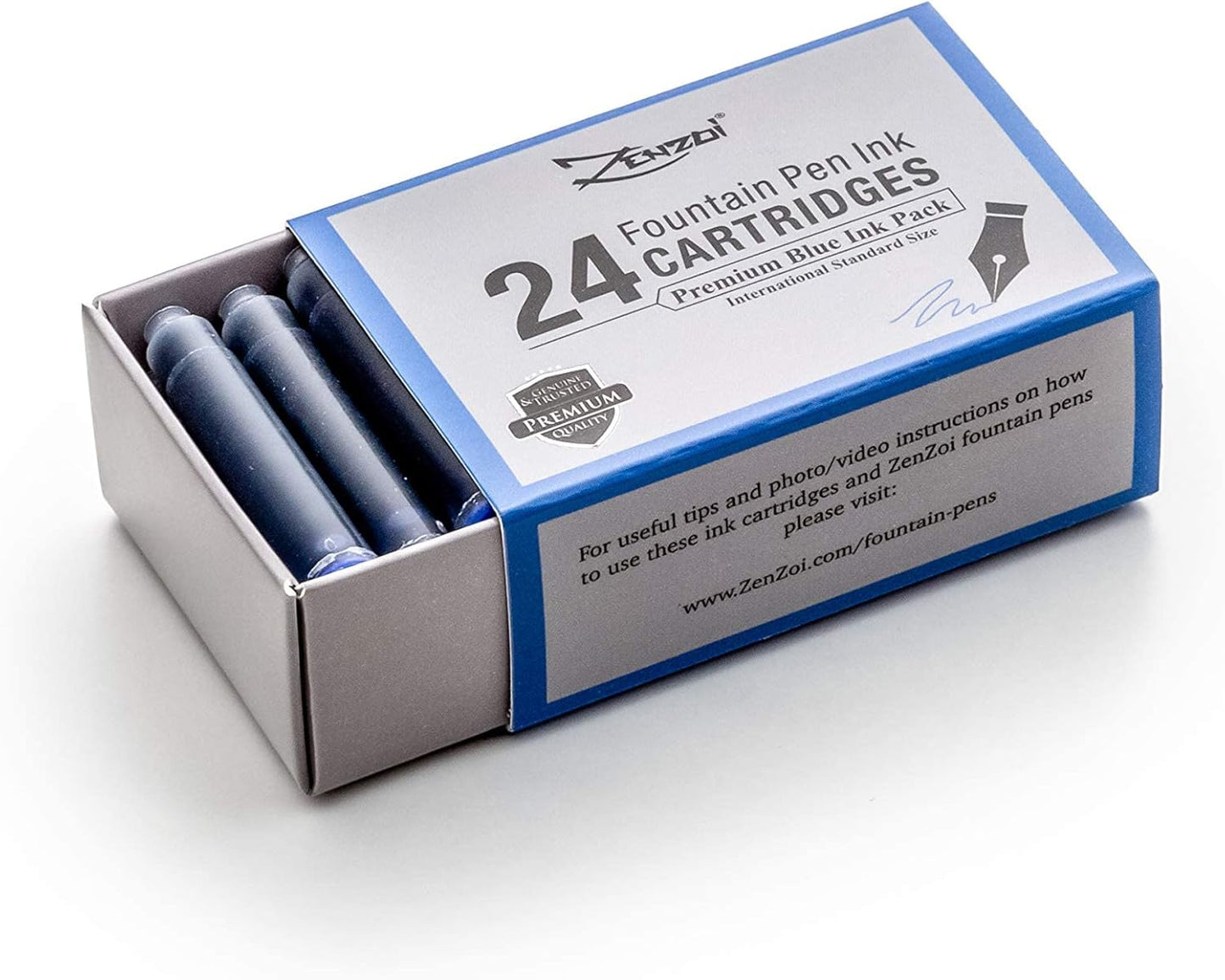 ZenZoi Fountain Pen Ink Cartridge Refills- 24 Bulk Premium Blue Case- Professional Grade, International Size, Non-Toxic Ink- Smooth, Blotch-Free Writing for Luxury Pens – German Nibs (Blue)