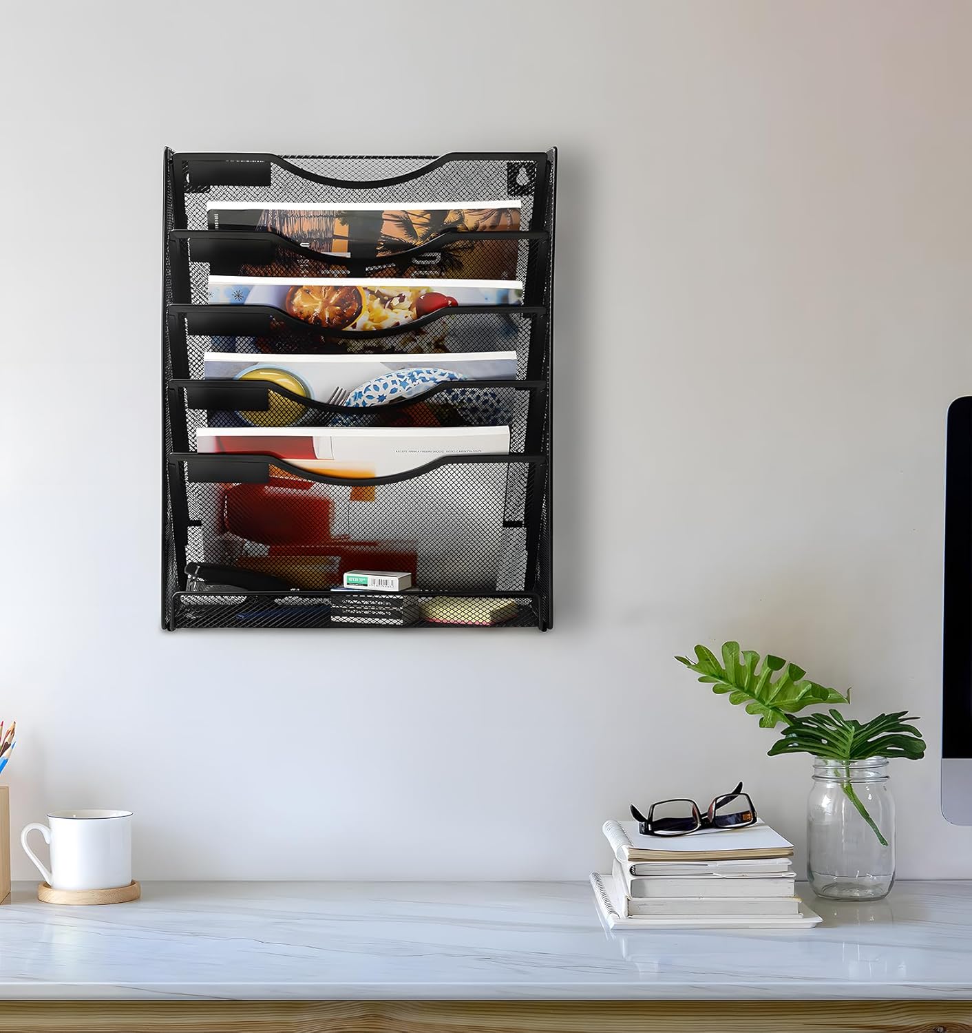 EasyPAG 5-Tier Wall File Holder, Mesh Hanging Folder Organizer with Classify Label, Versatile Desk File Organizer for Office Home, Vertical Wall Mounted Mail Paper Sorter, Easy Assembly, 2 Pack Black