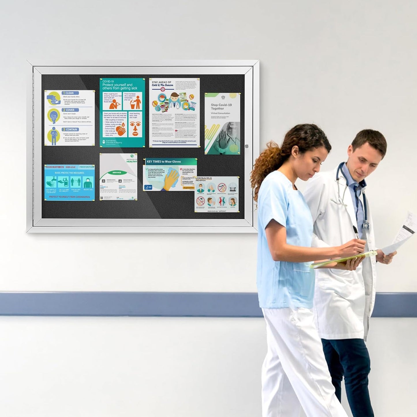 SWANCROWN Enclosed Bulletin Board Weatherproof 37x28in, Outdoor Lockable Bulletin Board Wall Display Case for Office School Commerce, Black Felt, Sliver Aluminum Frame (8xA4)