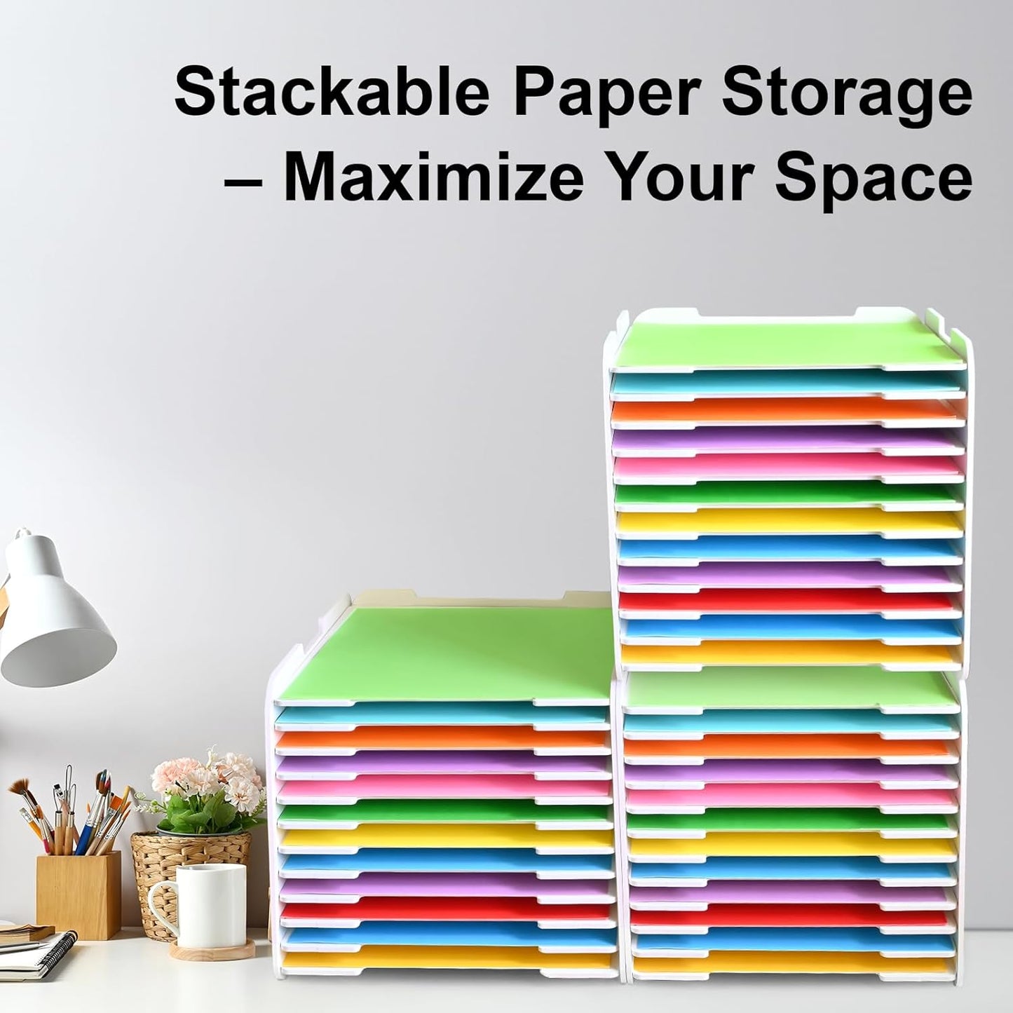 12x12 Paper Organizer, 12-Tier Scrapbook Paper Storage, Stackable Desktop File Holder for Home, Office, Classroom, and Craft Room