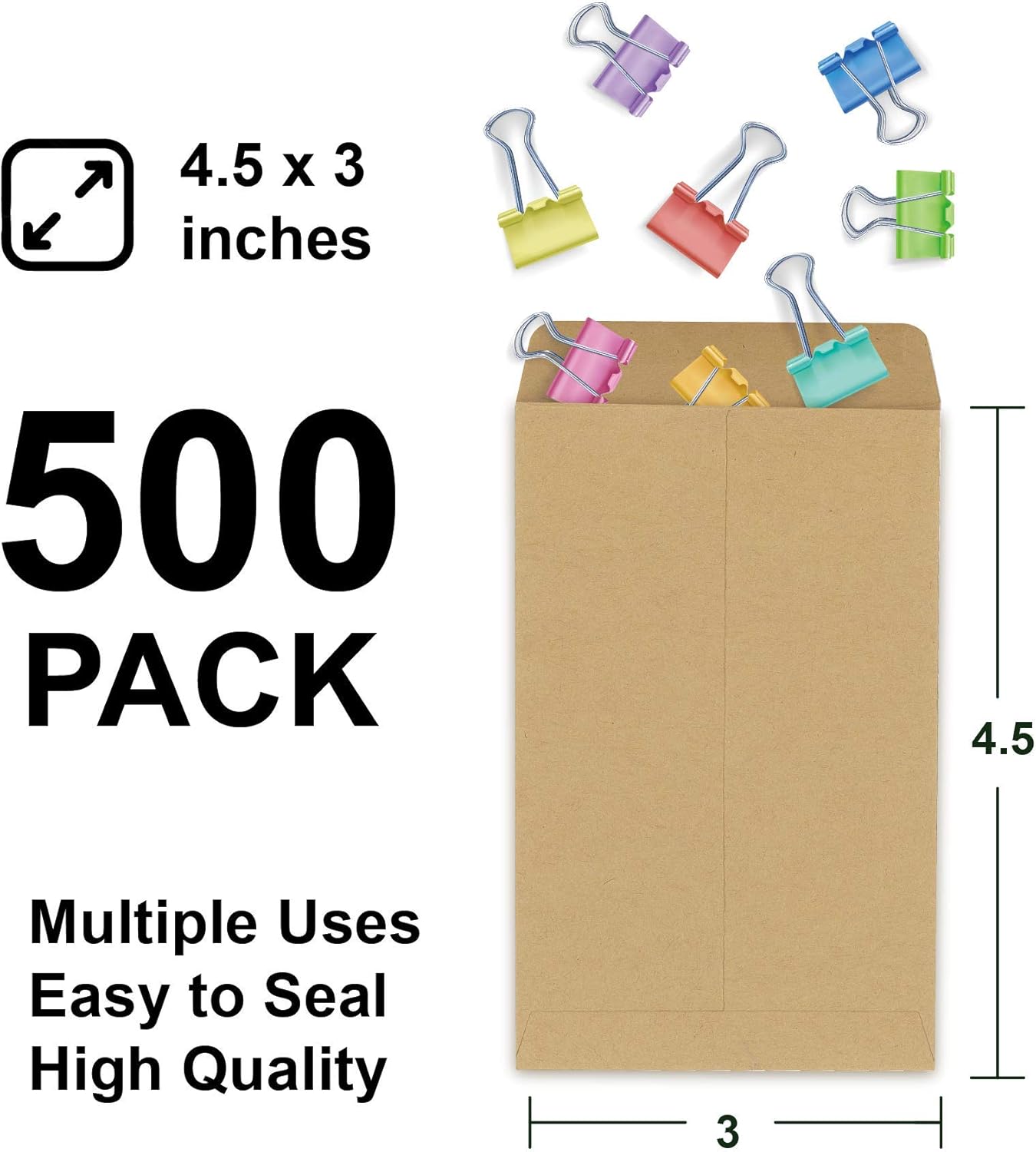 Coin Envelopes, 500 Pack Kraft Seed Envelopes, Small Parts Envelopes with Gummed Seal, 4.5 x 3Inches