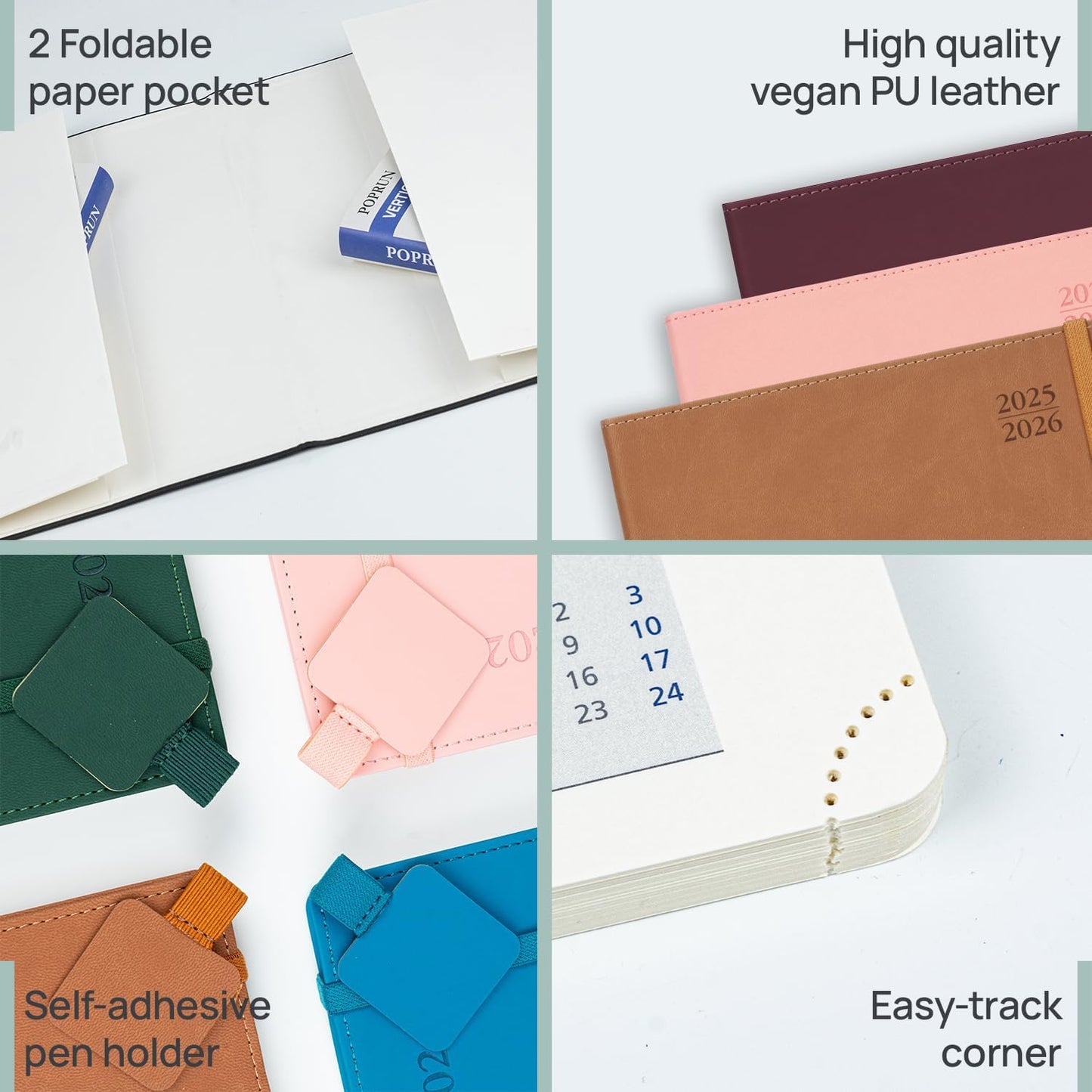 POPRUN Academic Planner 2025-2026, 8.5'' x 11.25'', Quarter-Hourly Appointment Book (July 2025-June 2026) with PU Leather Soft Cover, Dual Pockets, Monthly Tabs, 100GSM Thick Paper - Midnight Green