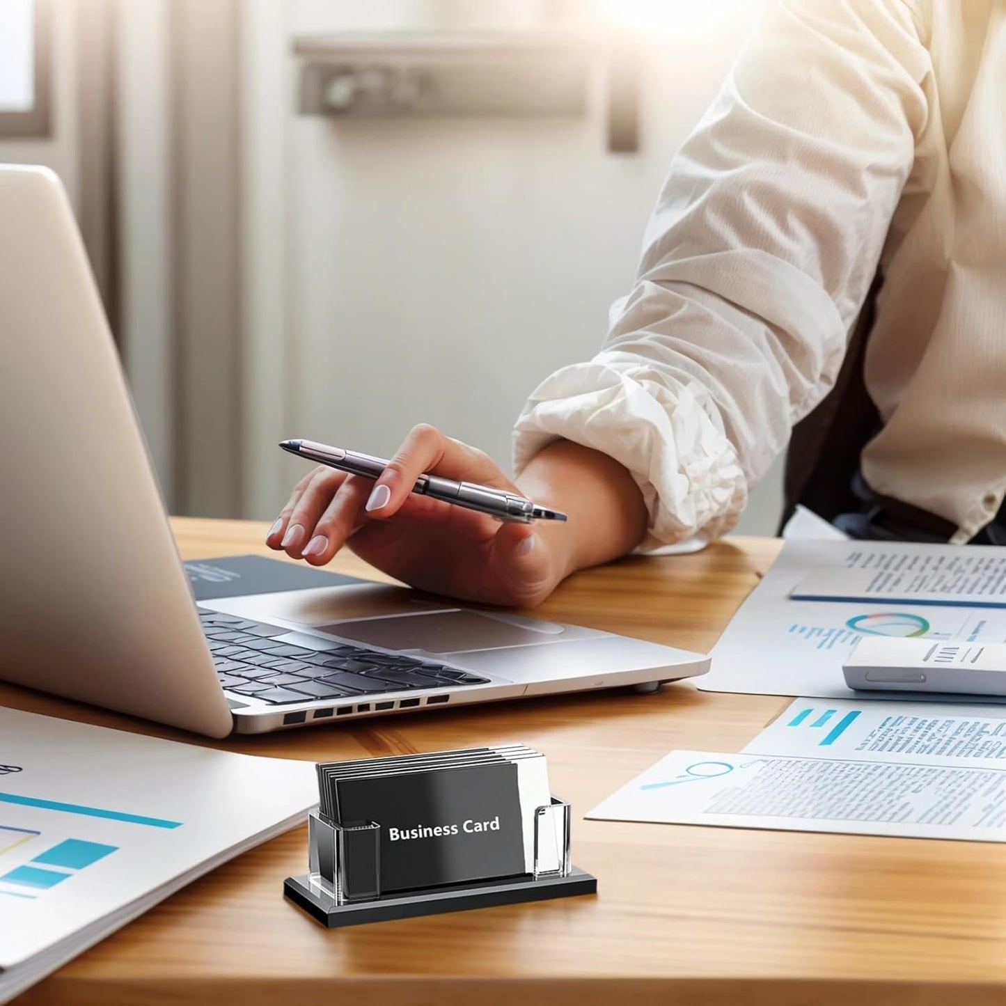 Business Card Holder for Desk,Clear Acrylic Desktop Business Name Card Display Stand Organizers for Office Conference Home Exhibition Restaurant