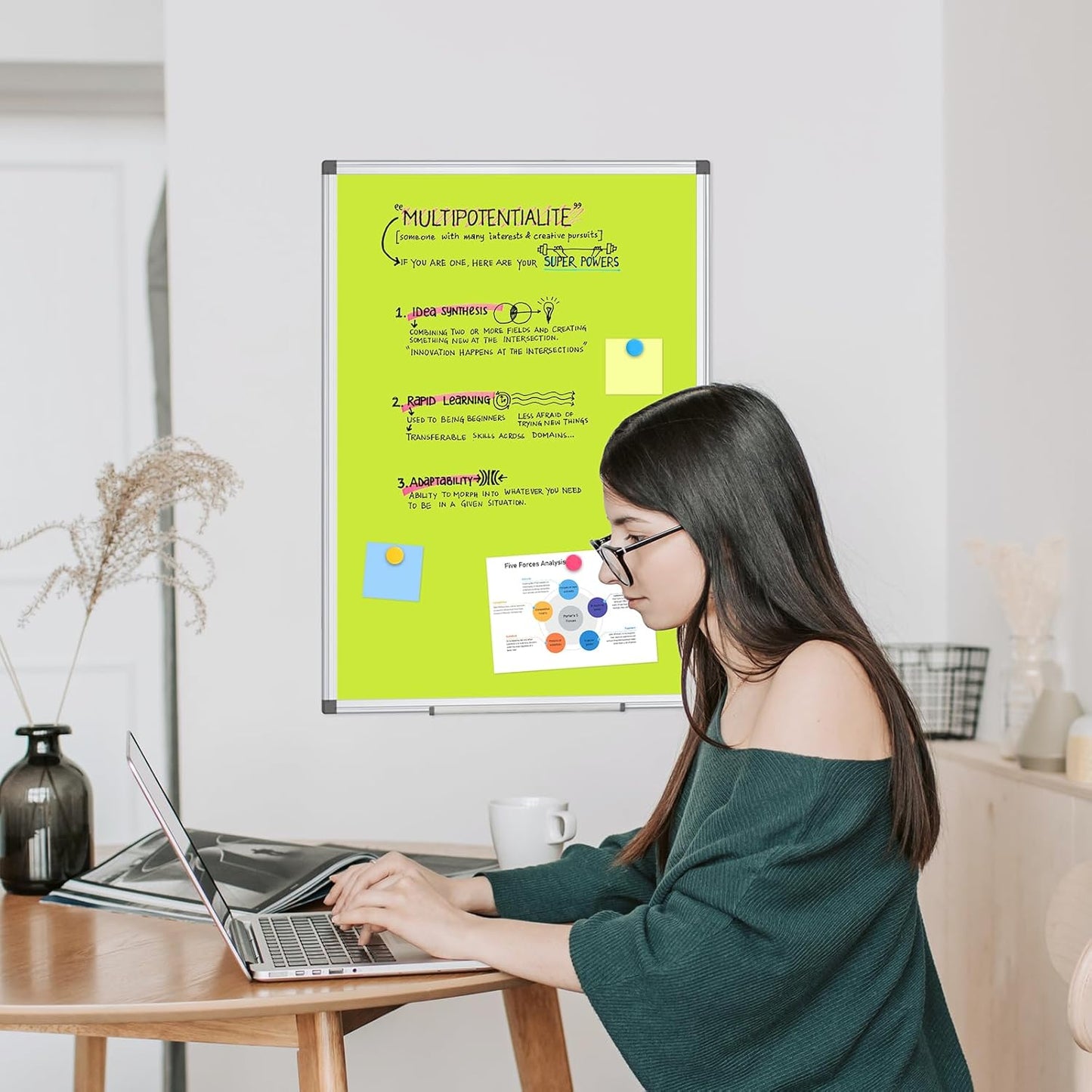 WALGLASS Magnetic Whiteboard 24"x18" Dry Erase White Board for Walls with Pen Tray, Aluminium Frame and Dry-Wipe Writing Surface for Kids' Drawing, Home, and Office (Green)