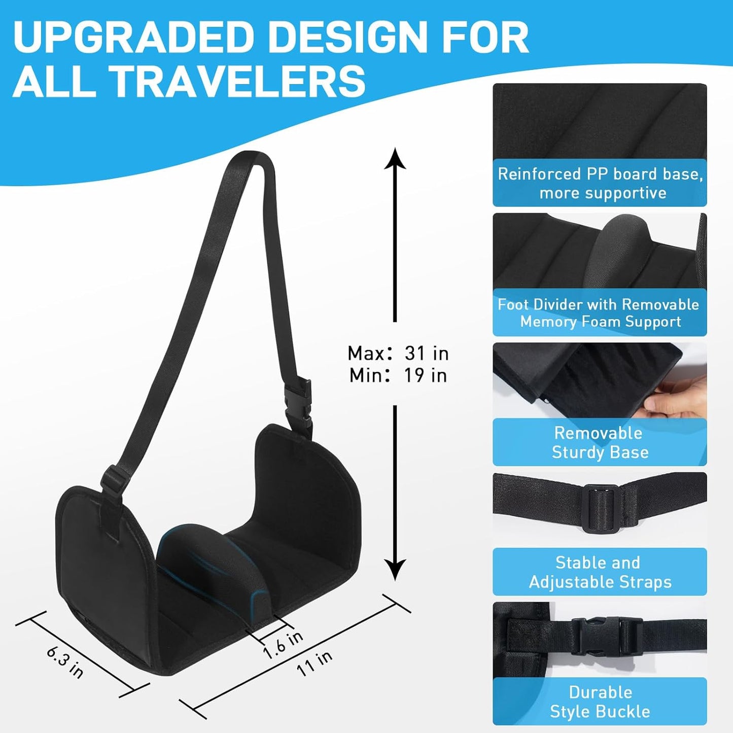 Airplane Foot Hammock, Foot Hammock for Travel Accessories with Ergonomic Removable Foot Divider Design, Airplane Foot Rest, Premium Comfortable Memory Foam & Hardboard for No Feet Clashing(Large)