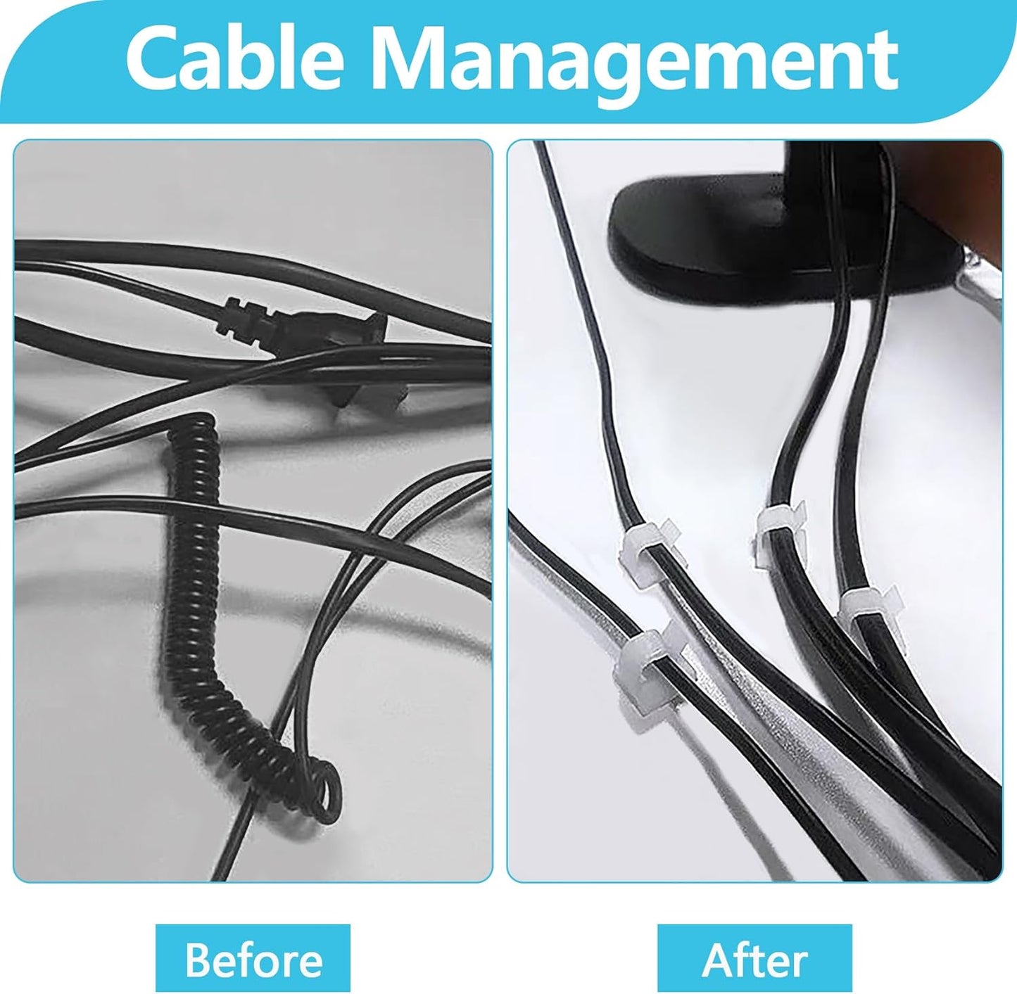 100PCS Cable Clips, Adhesive Wire Clips Organizer Cord Clips Management, Cable Staples Outdoor Strong for Wall, Desk, Christmas Lights, String Lights, TV PC Ethernet Cable, Clear Small