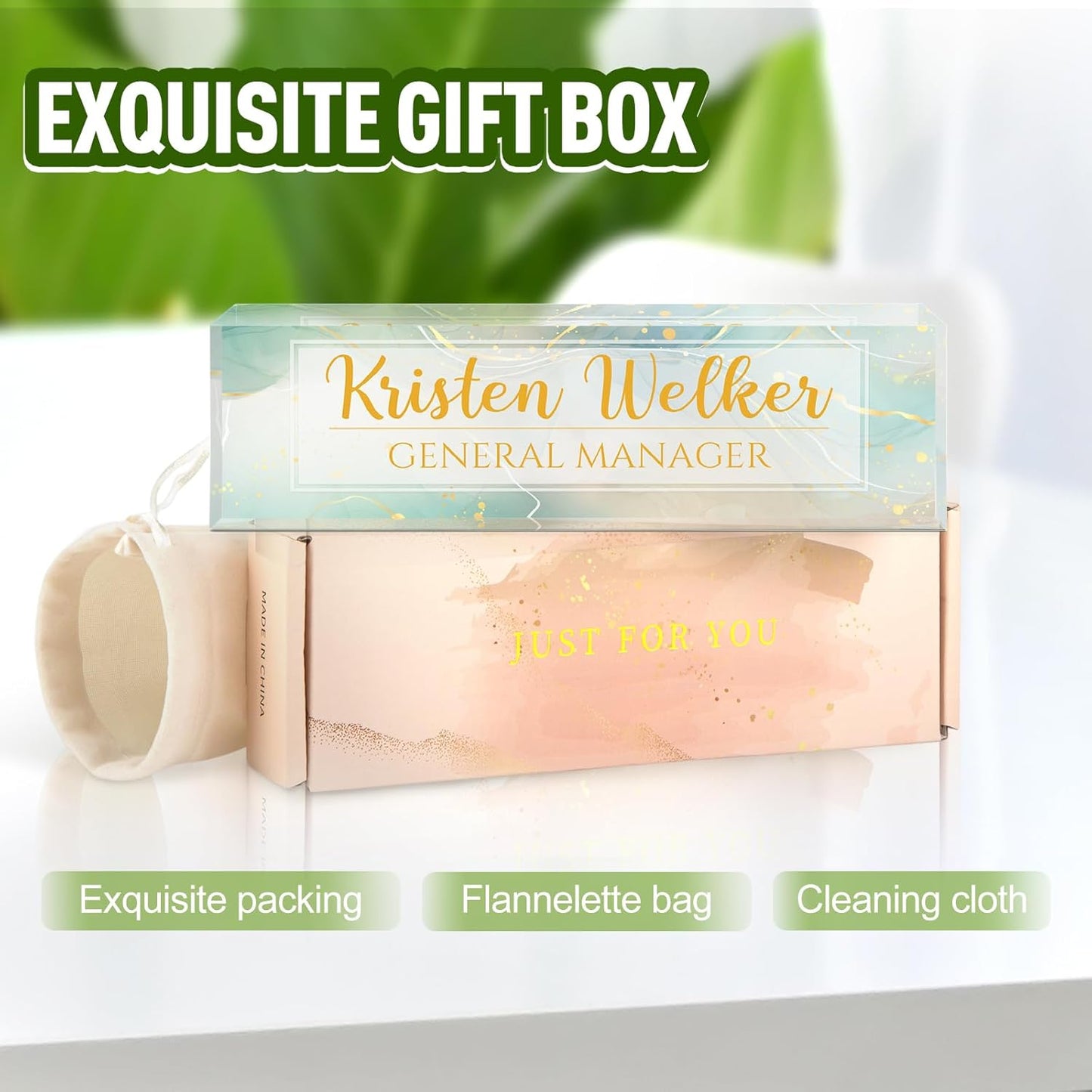 Gowellly Desk Name Plate Personalized - Custom Acrylic Name Plate for Desk - Enterprise Custom Logo/Text nameplates - Employee Appreciation Gifts (Light Green Marble)