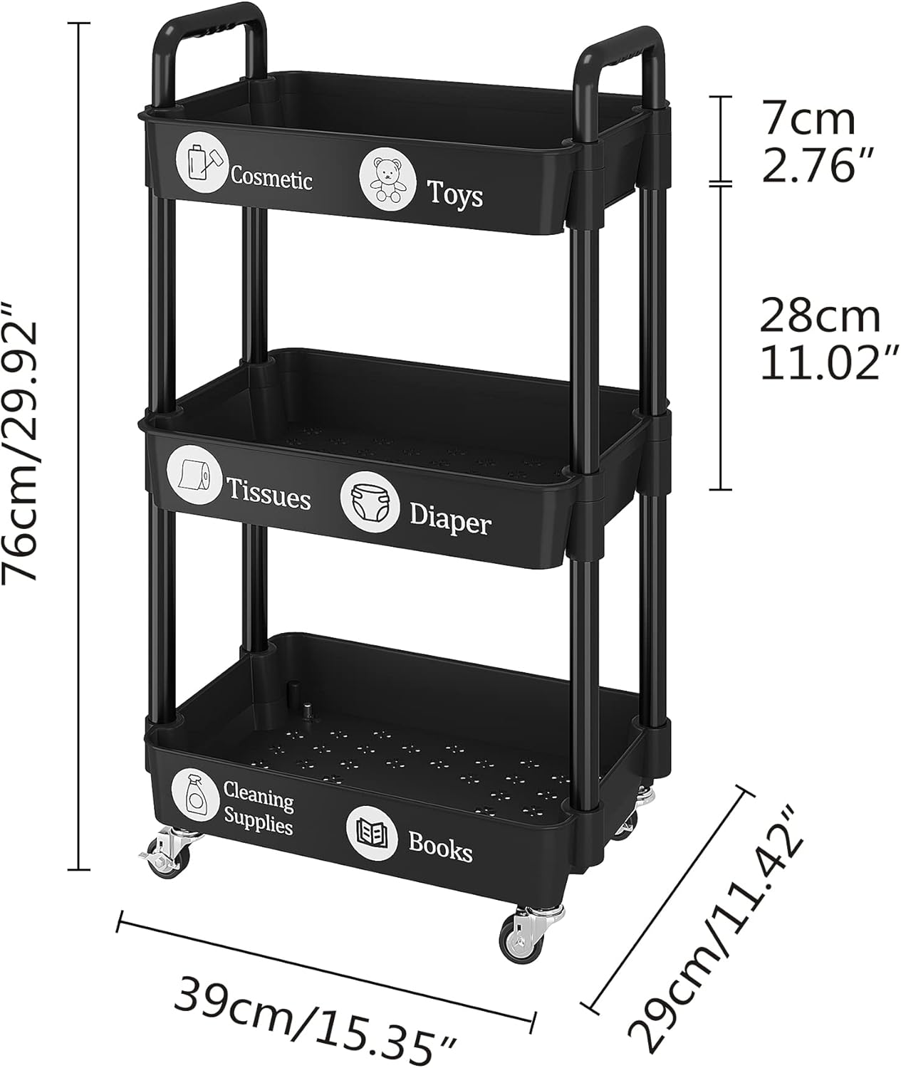 UDEAR 3-Tier Rolling Utility Cart with 12 Category Labels,Multifunctional Comagtable Rolling Shelving with Handle and Lockable Wheels for Room,Office,Kitchen,Bathroom,Black