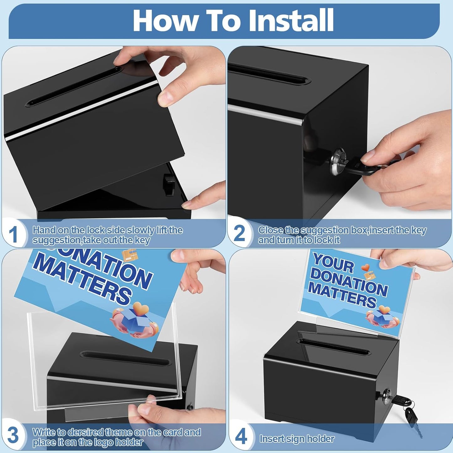 Polmart black Donation Box with Lock - Secure Ballot Box with Removable Sign Holder & 2 Keys - for Money, Cards, Votes, Tickets, Feedback Collection (4.75"D x 6.29"W x 8"H)