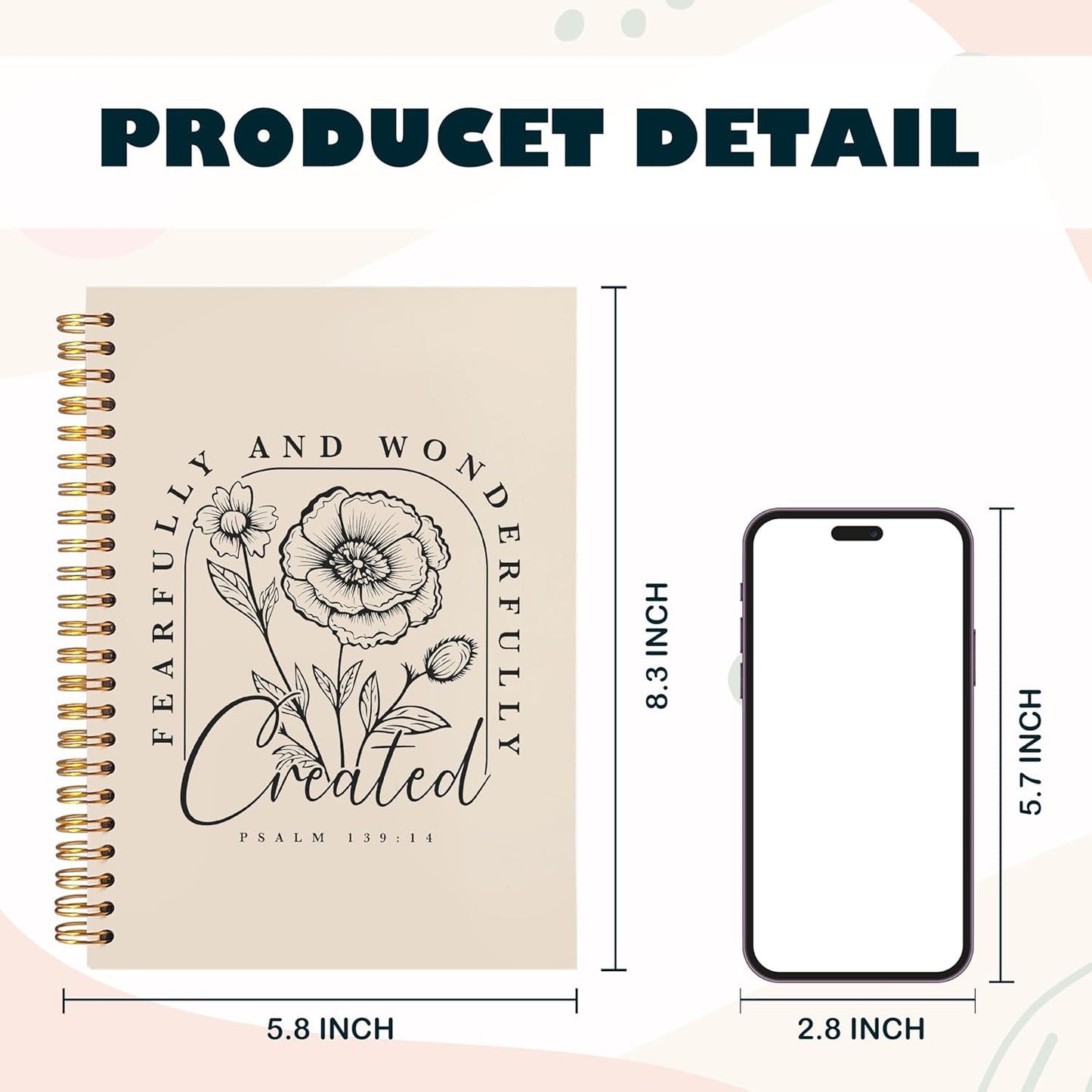 BearCake Floral Christian Notebook Journal, Christian Gifts for Women, Fearfully and Wonderfully Bible Journaling Prayer Journal for Women, Neutral Hardcover Spiral Notebook 5.5x8.3