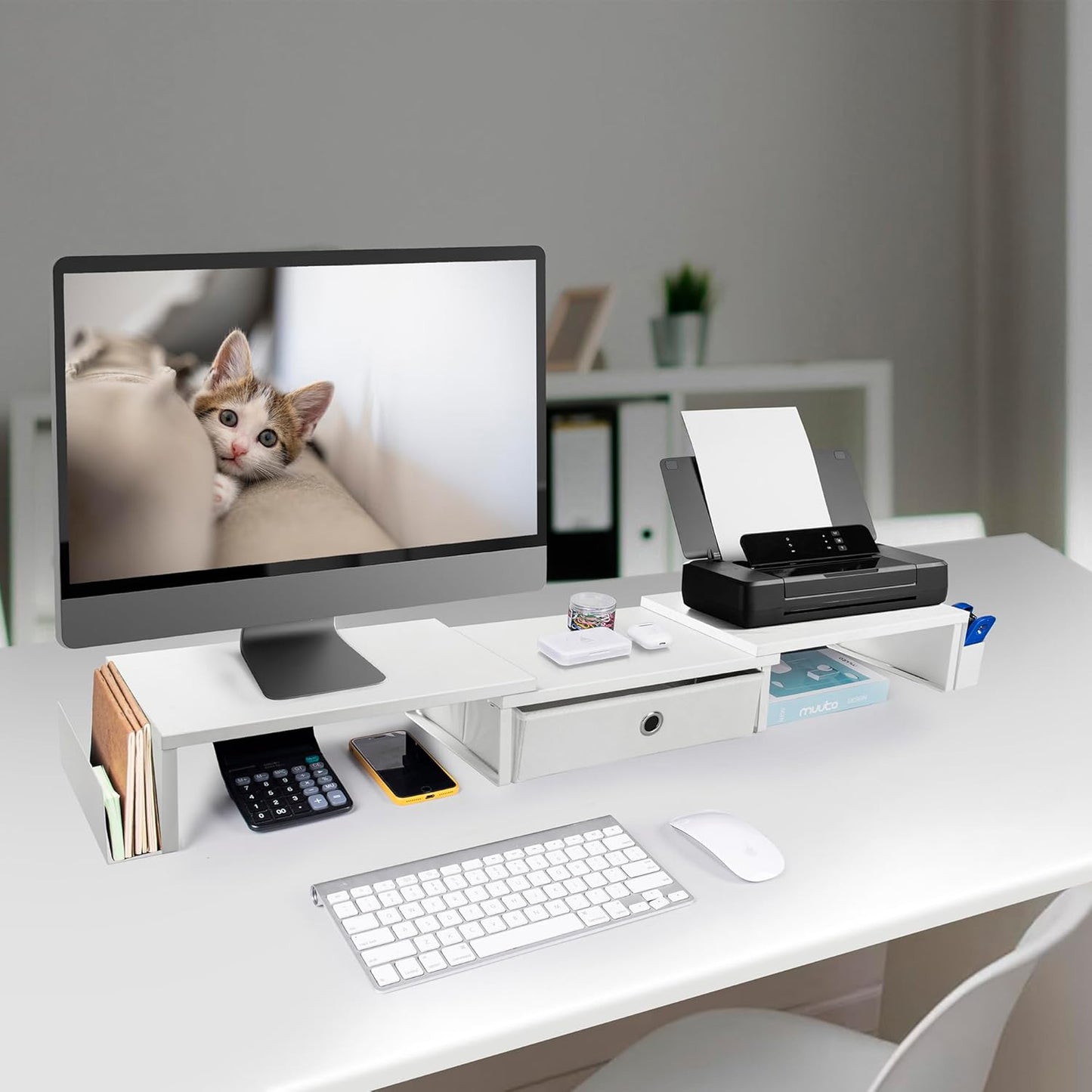 Dual Monitor Stand Riser w/ Drawer & Metal Leg, Large White Computer Monitor Riser w/ Storage For 2 Screens, Desk Shelf w/ Adjustable Length & Angle, Desktop Organizer