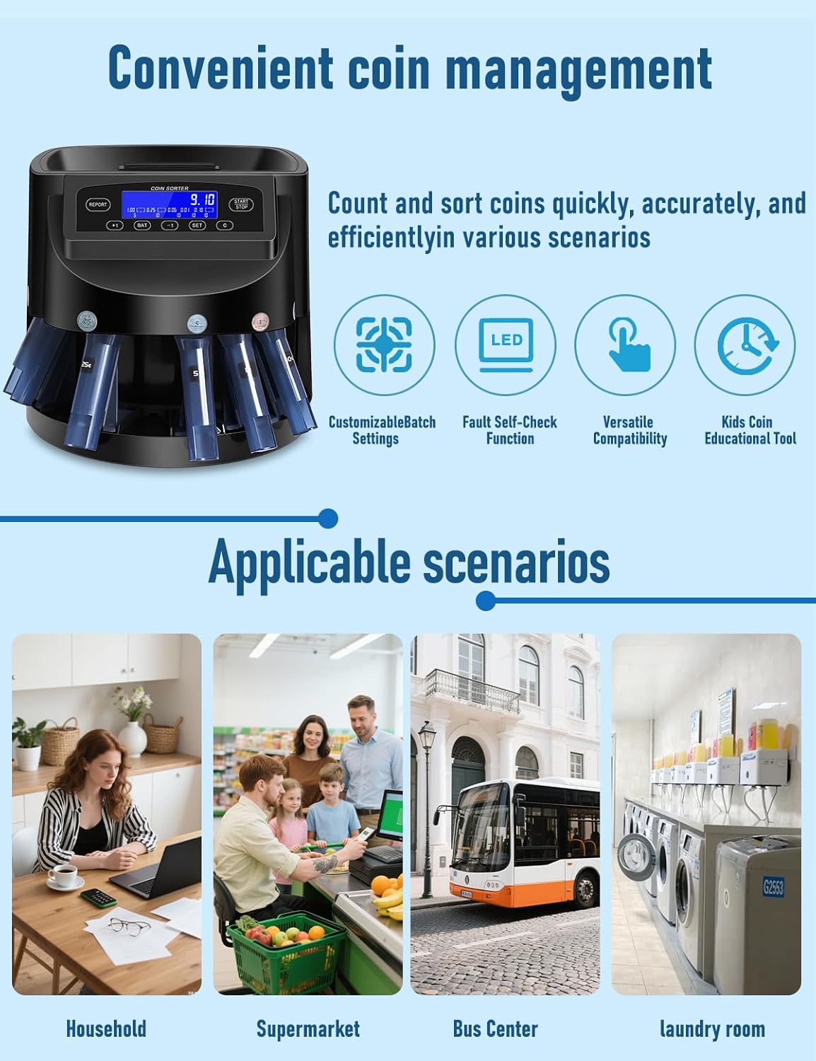Coin Counter and USD Coin Sorter with LCD Display, 300-Coin Capacity, Automatic Change Counter for 1¢ 5¢ 10¢ 25¢ $1, 270 Coins/min,Coin Sorter and Wrapper Machine for Fast & Accurate Sorting