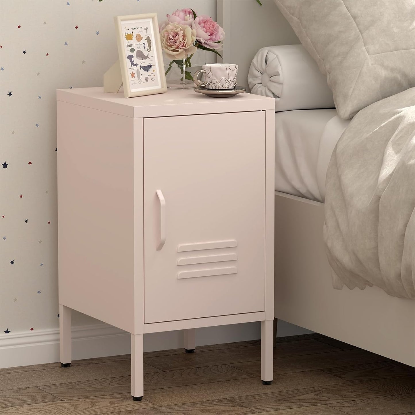 Metal Cabinet,Locker Nightstand with Shelf,Metal Storage Locker,Steel Bedside Storage Cabinets for Living Room Bedroom,Pink