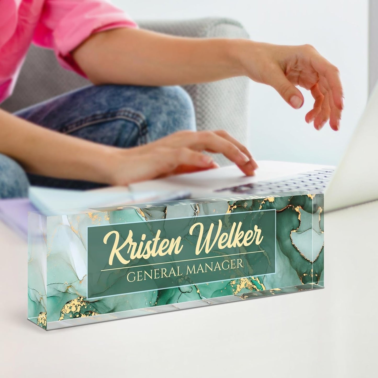 Name Plate for Desk, Desk Name Plate Personalized, Green Office Decor for Women Men, Acrylic Desktop Accessories, Office Gifts for Boss Nurse Teacher Coworker, Employee Appreciation Gift (Green Coast)