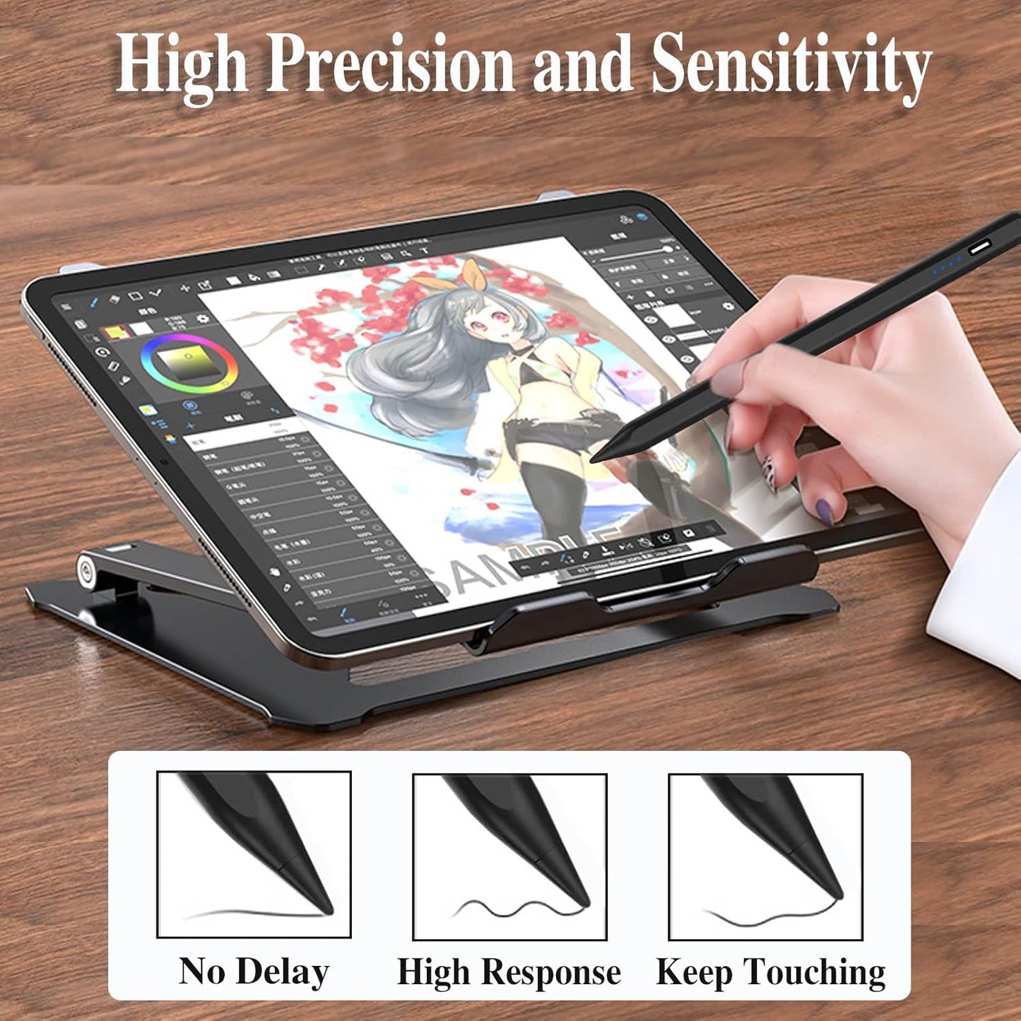 Active Stylus Pens for Touch Screens Rechargeable Tablet Pen POM Tip Magnetic iPad Pencil Stylus Pen for iPad/Pro/Air/Mini/iPhone and Other Smartphone Device-Black
