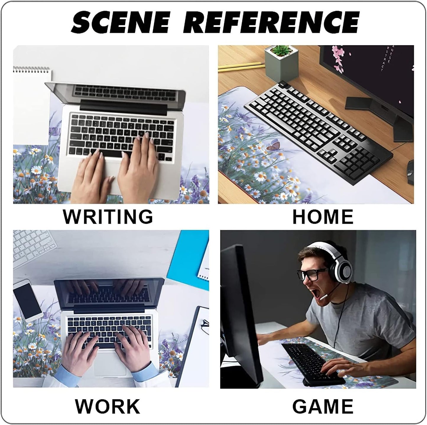 Extended Large Gaming Mouse Pad Wildflowers Chamomile and Butterflies XXL Size Keyboard Mouse Mat Desk Pad with Non Slip Rubber Base Stitched Edges Office Decor for Women Girls Men,35.4 x 15.7inch